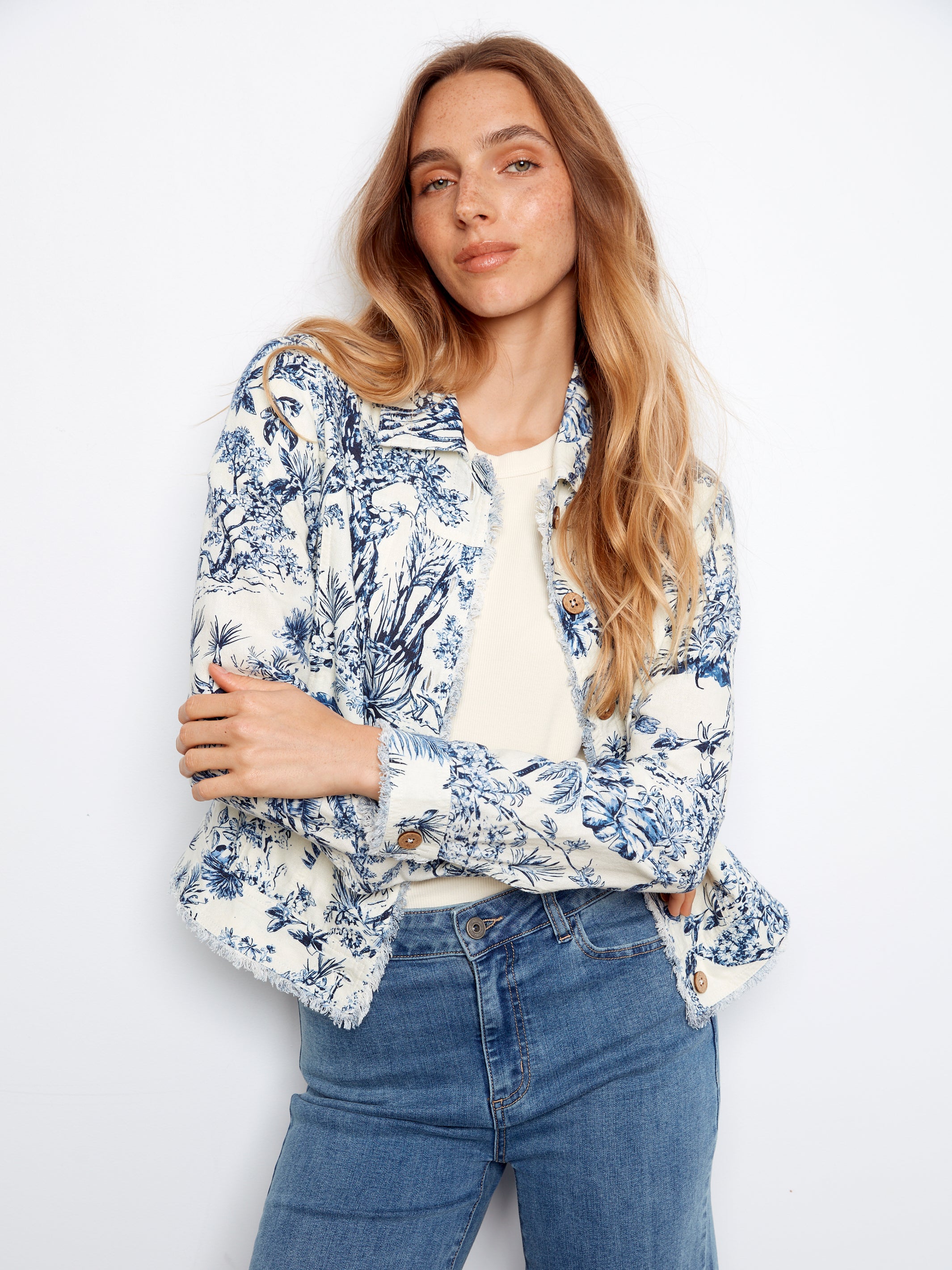 Printed Linen Jacket with Frayed Hem