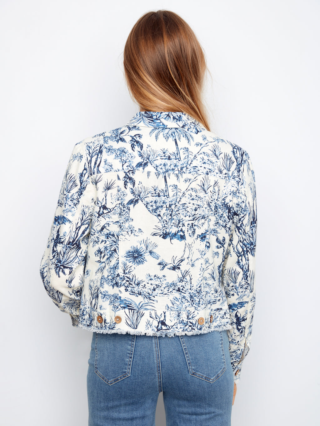 Printed Linen Jacket with Frayed Hem