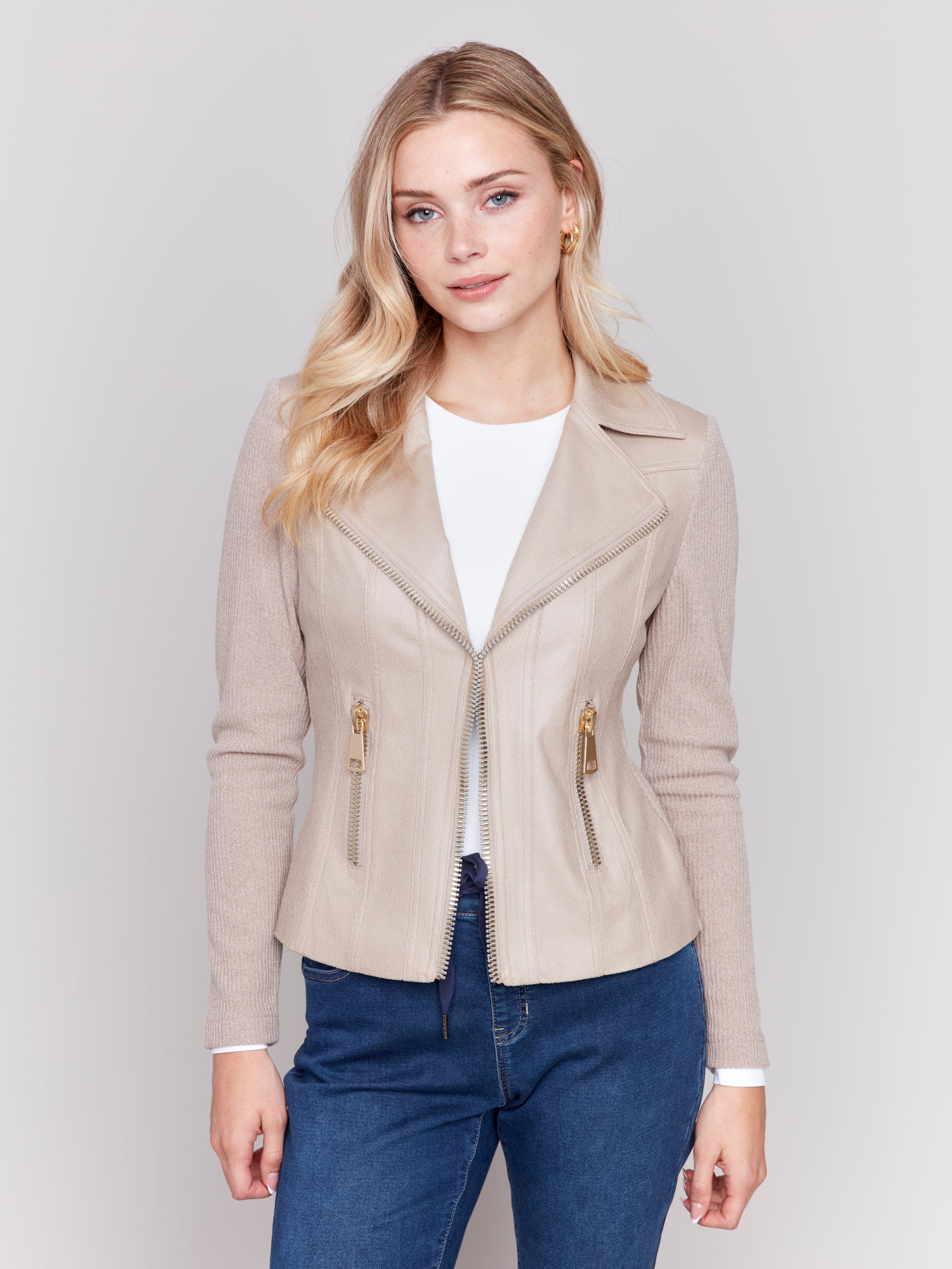 Vintage Faux Leather and Rib Knit Jacket