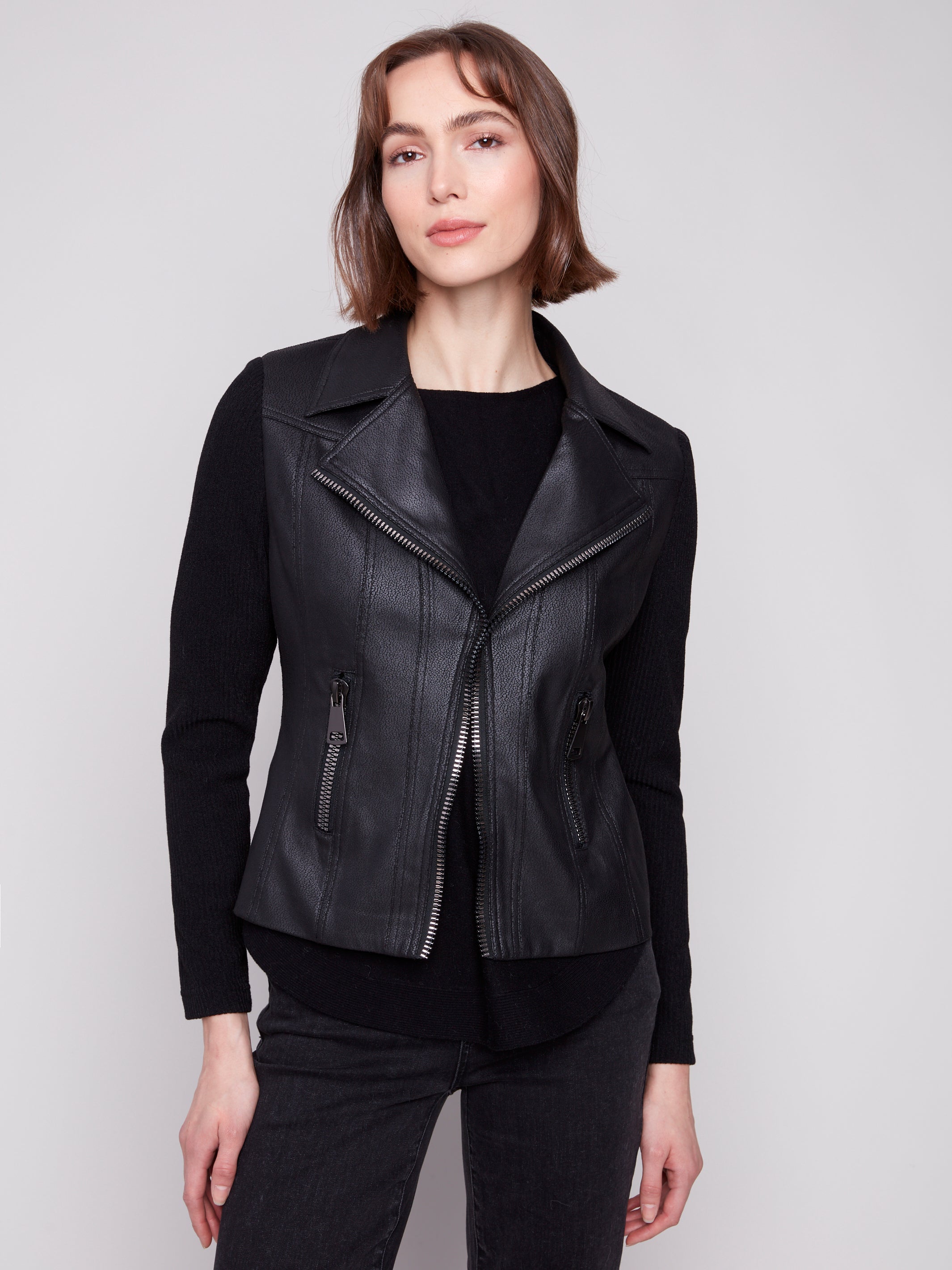 Vintage Faux Leather & Rib Knit Jacket