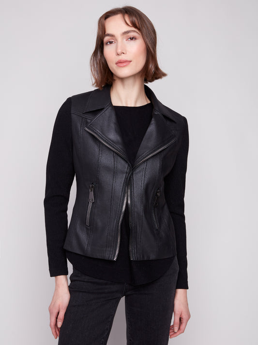 Vintage Faux Leather & Rib Knit Jacket