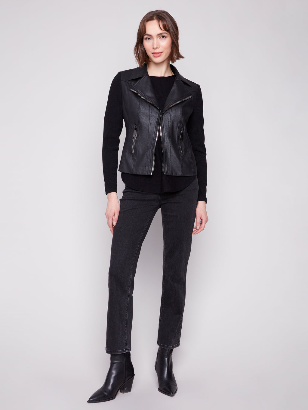 Vintage Faux Leather & Rib Knit Jacket