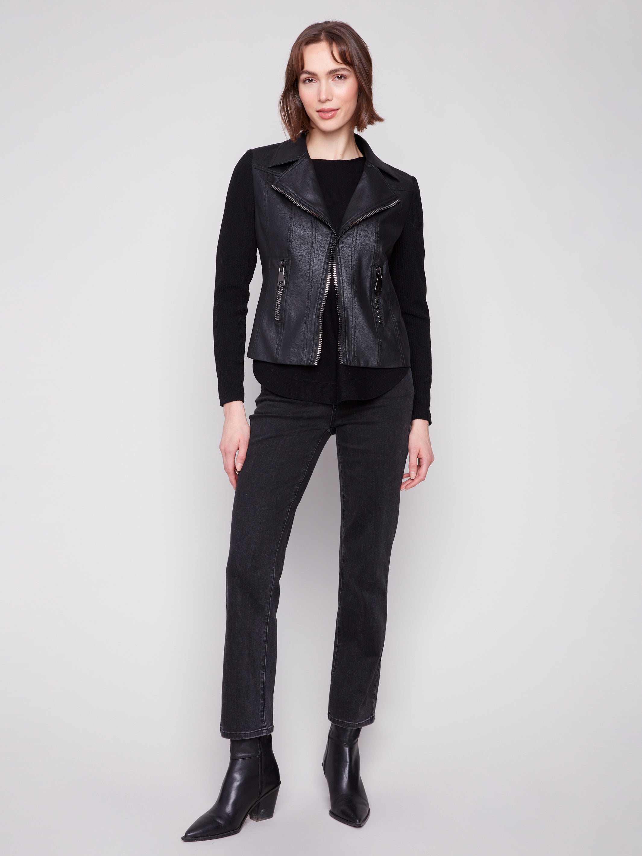 Vintage Faux Leather & Rib Knit Jacket