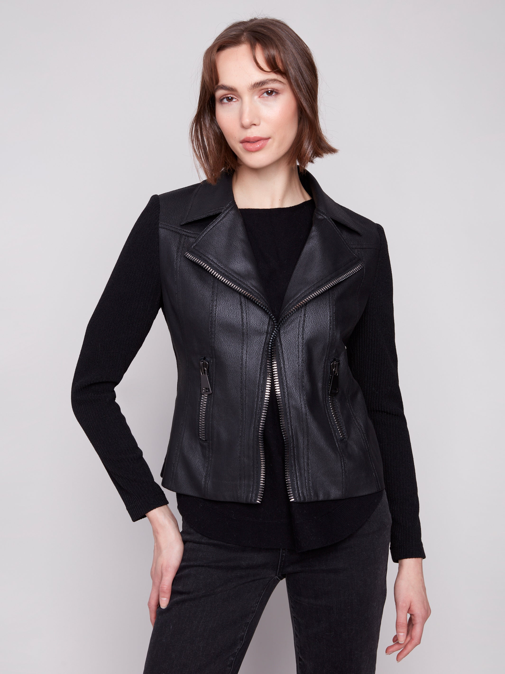 Vintage Faux Leather & Rib Knit Jacket