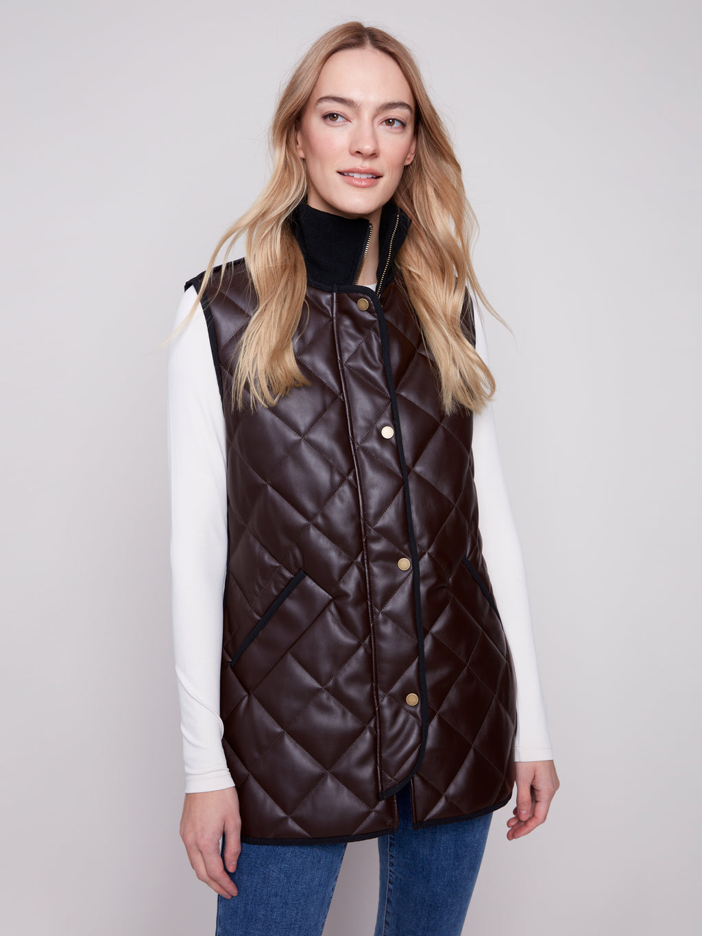 Long Quilted Faux Leather Vest