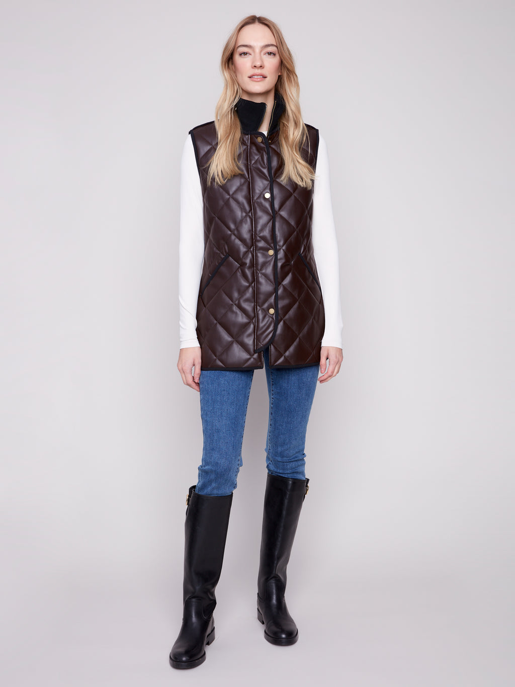 Long Quilted Faux Leather Vest