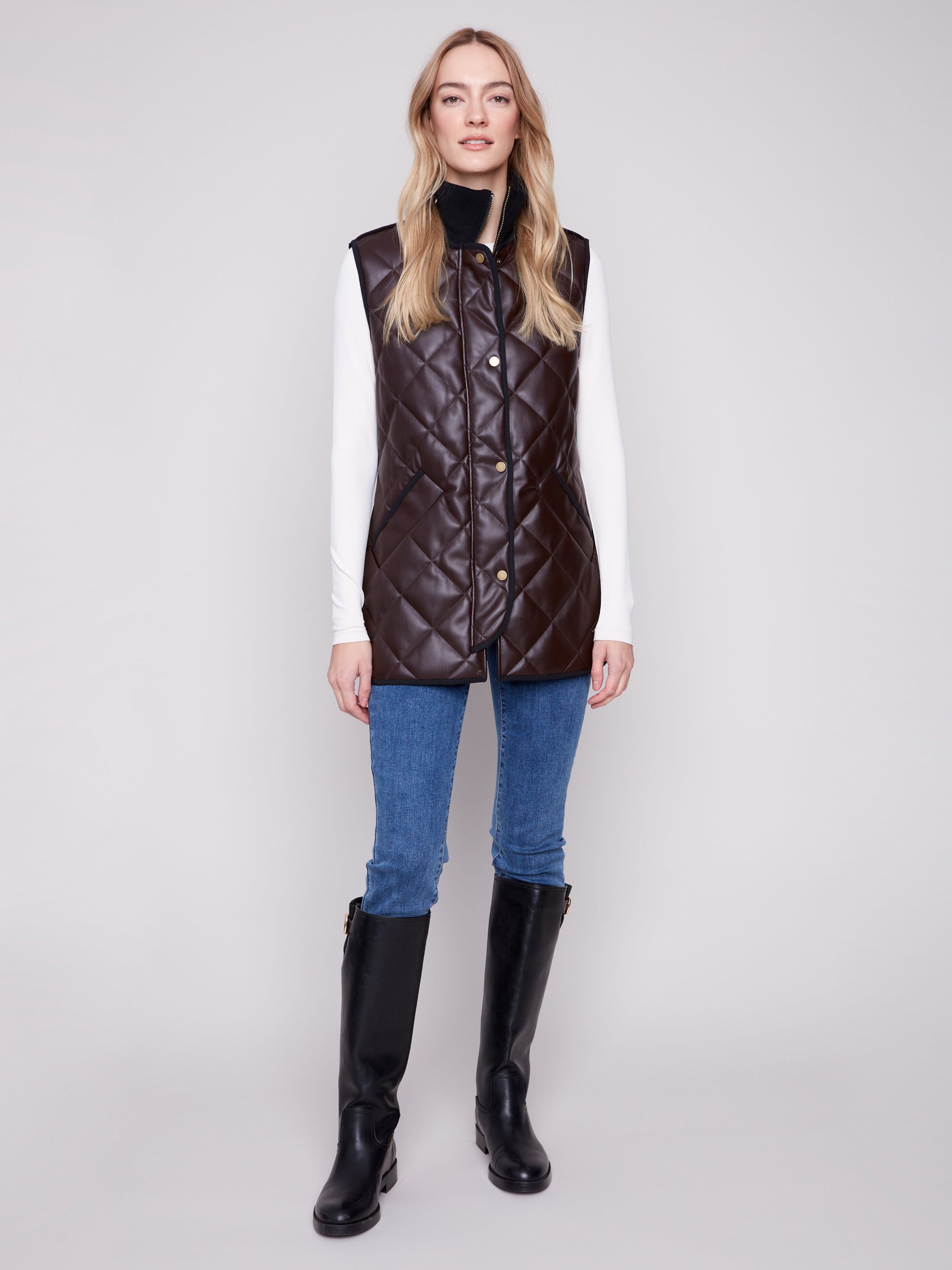 Long Quilted Faux Leather Vest