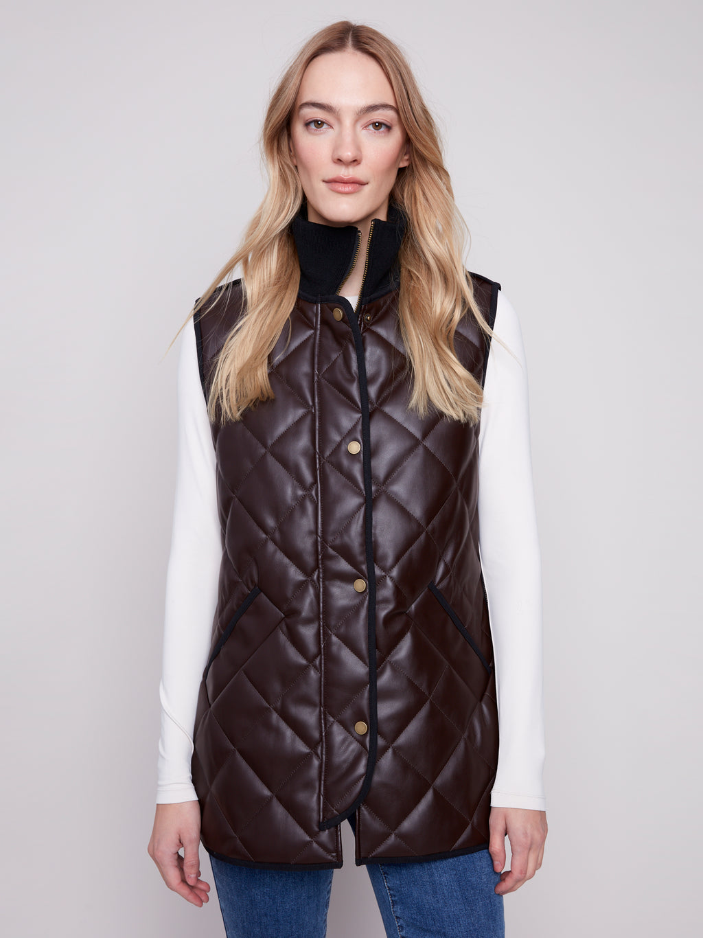 Long Quilted Faux Leather Vest
