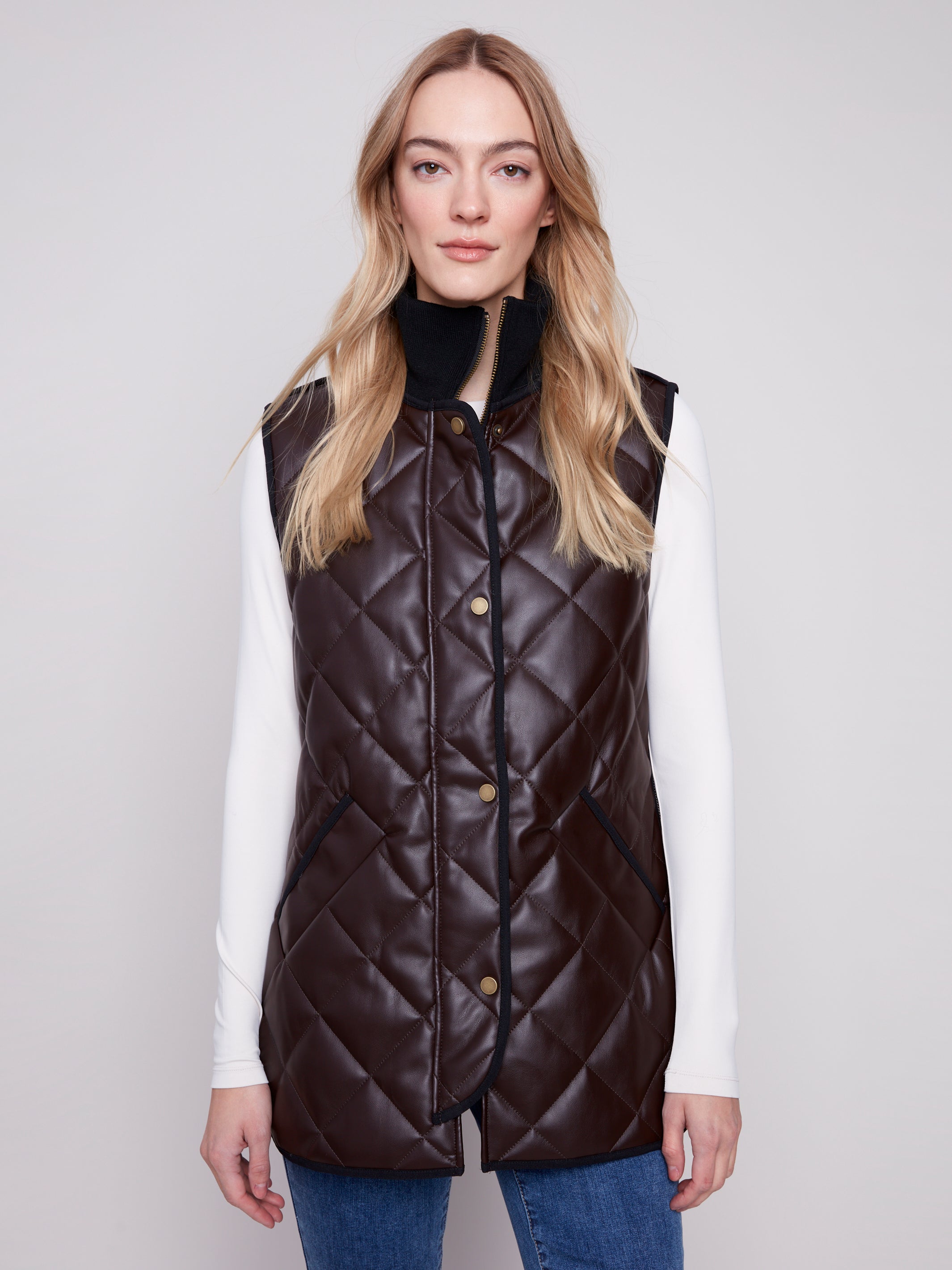 Long Quilted Faux Leather Vest