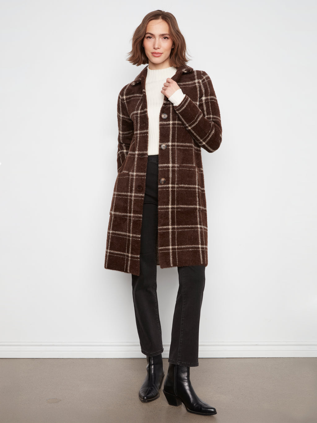 Plaid Knit Coatigan with Patch Pockets