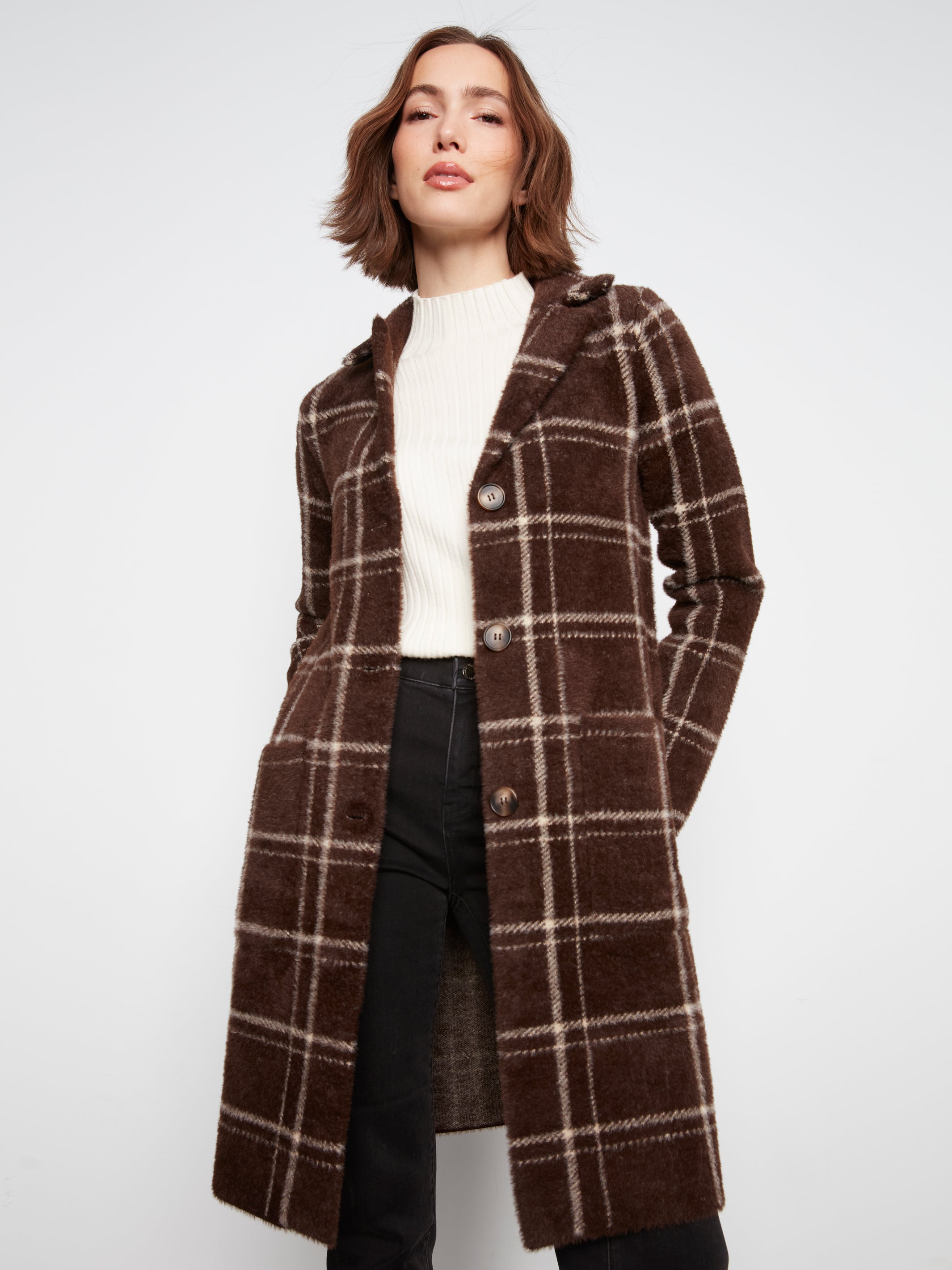 Plaid Knit Coatigan with Patch Pockets