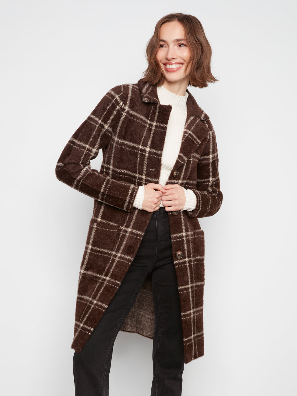 Plaid Knit Coatigan with Patch Pockets