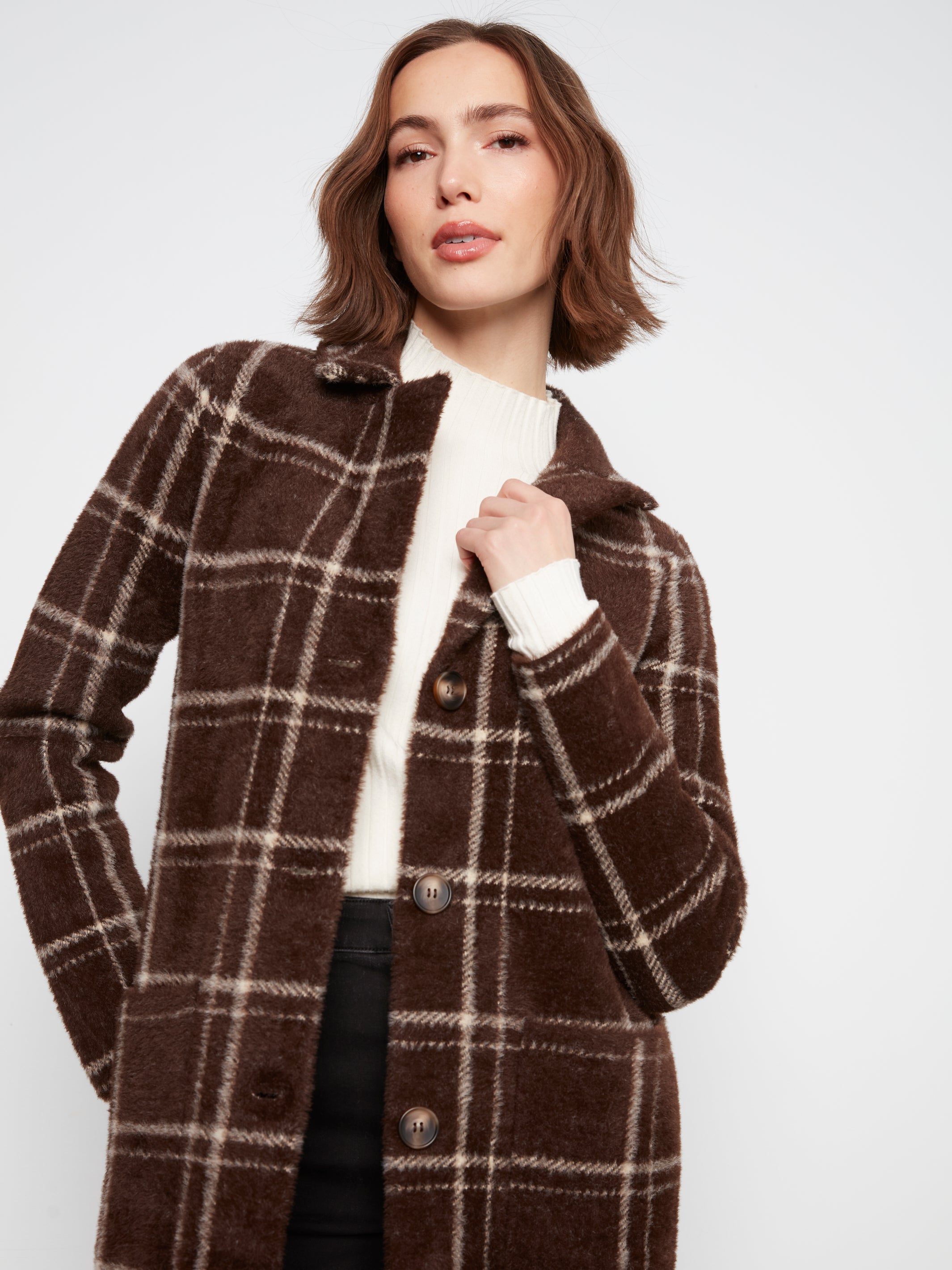 Plaid Knit Coatigan with Patch Pockets