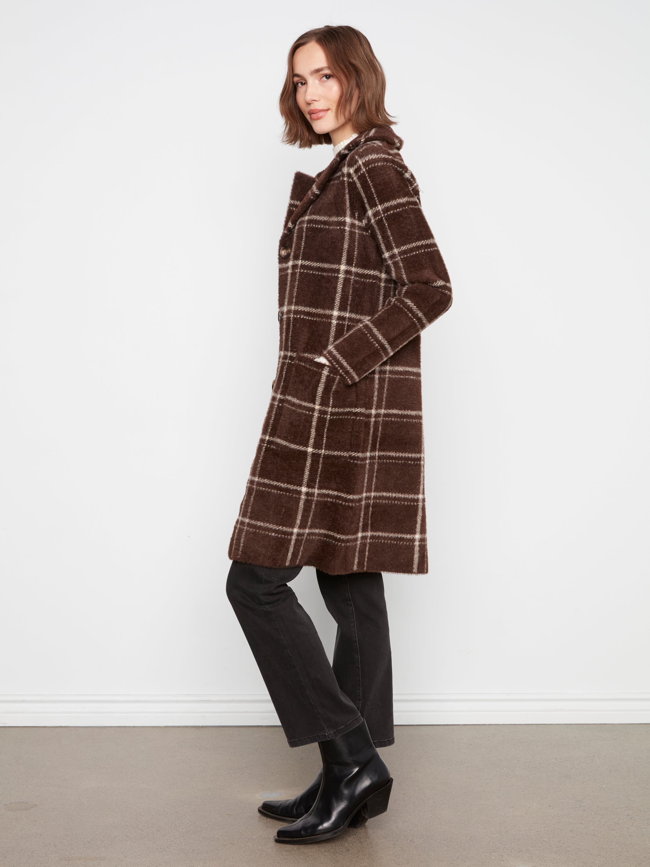 Plaid Knit Coatigan with Patch Pockets