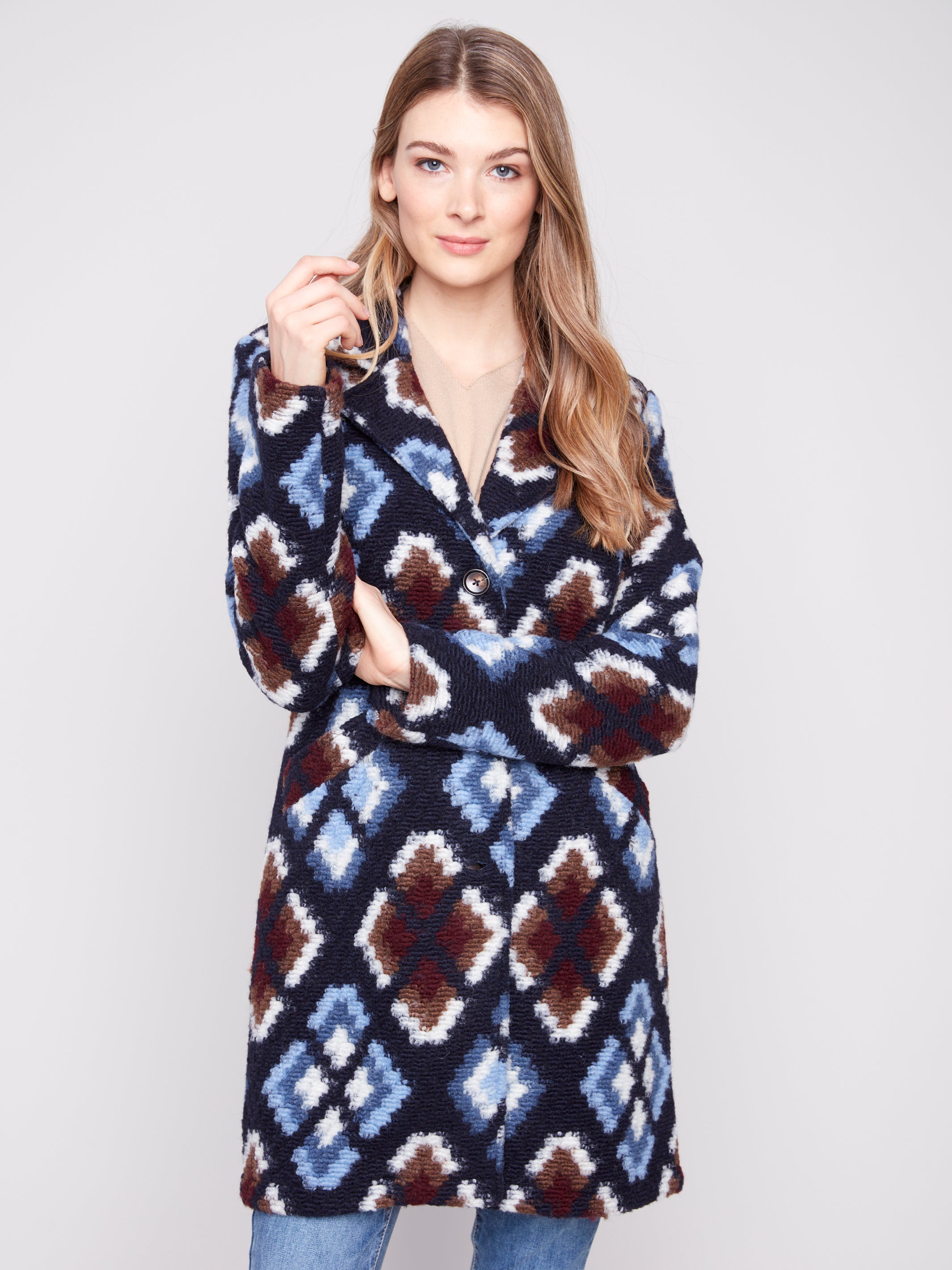 Chevron Pattern Plushy Knit Coat