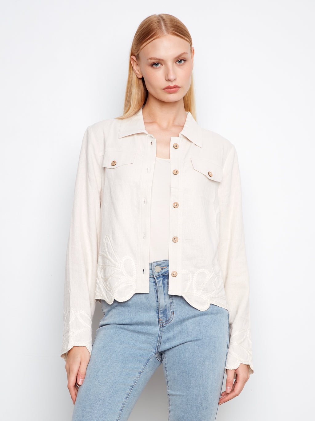 Embroidered Hem Linen Blend Jacket