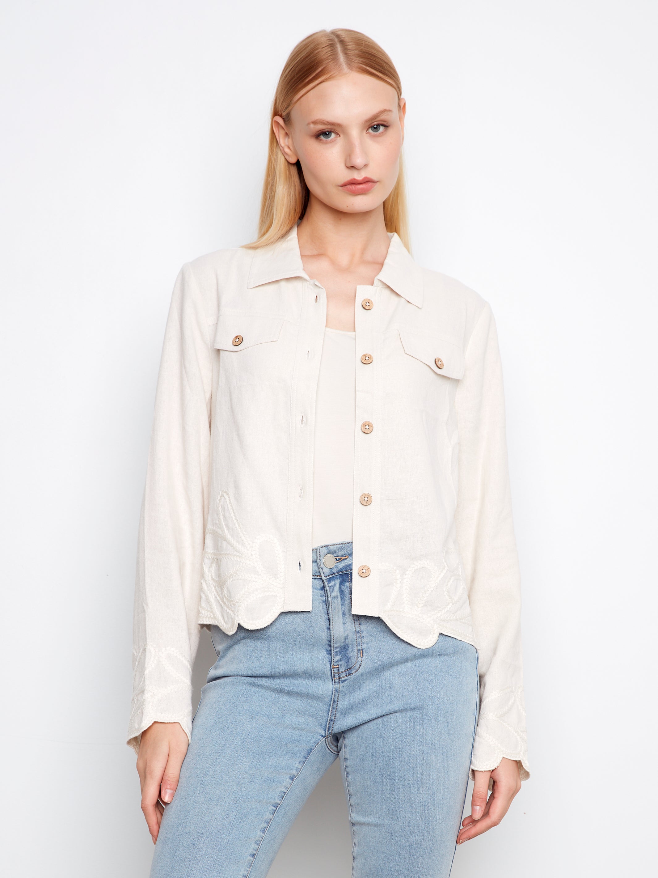 Embroidered Hem Linen Blend Jacket