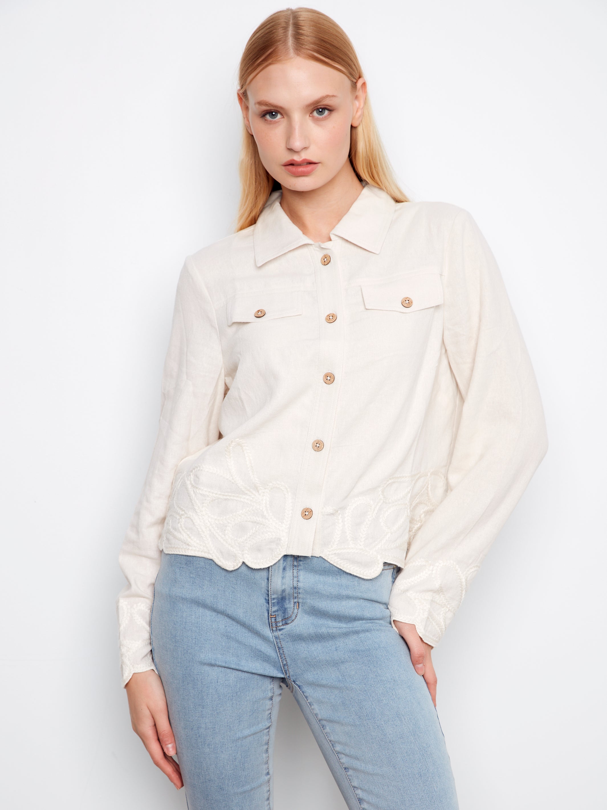 Embroidered Hem Linen Blend Jacket