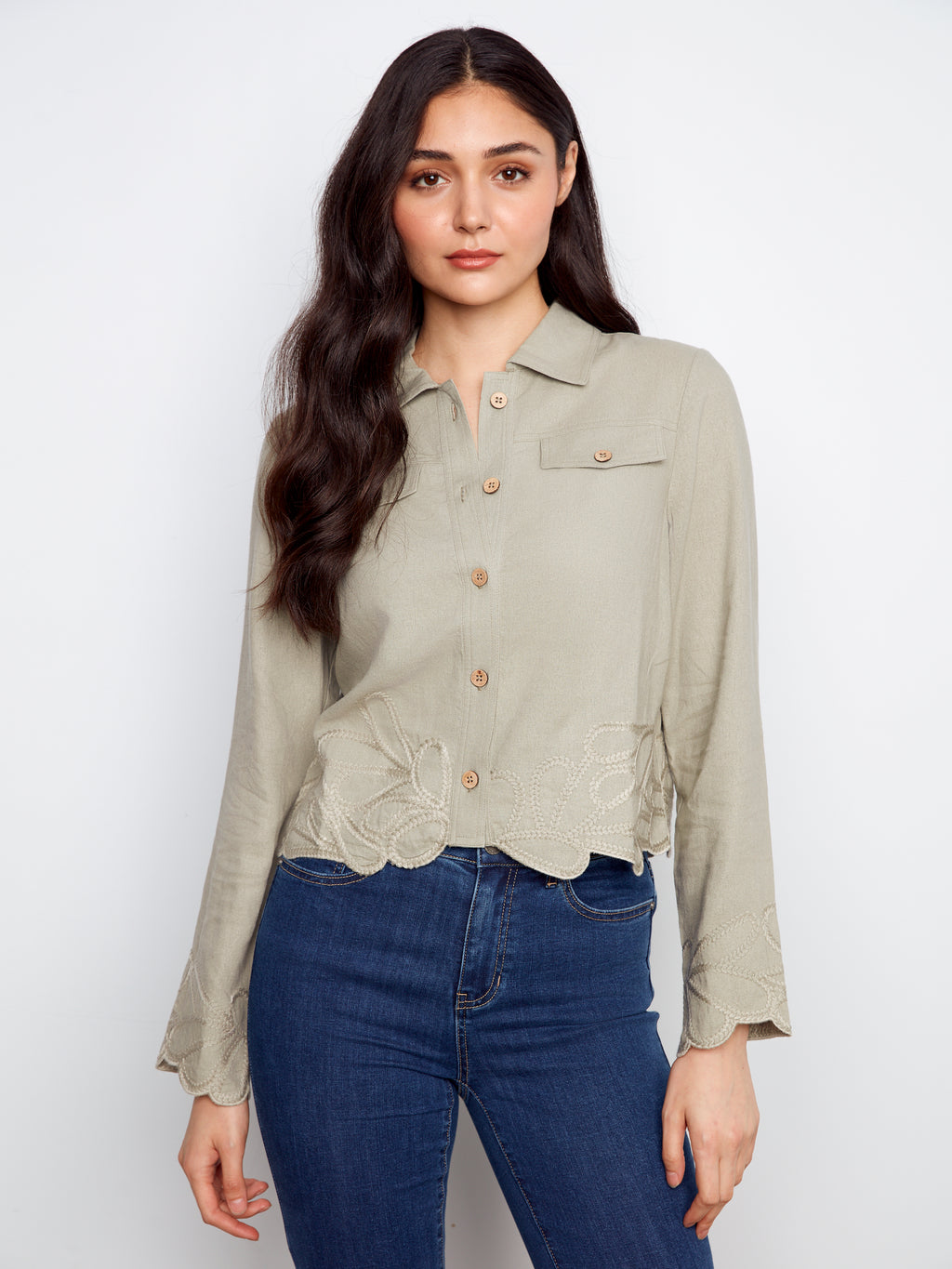 Embroidered Hem Linen Blend Jacket
