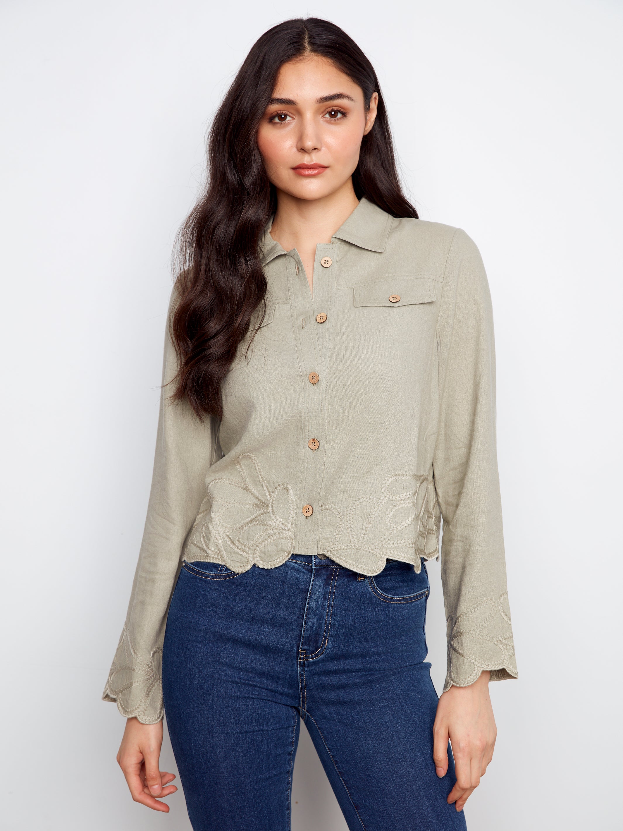 Embroidered Hem Linen Blend Jacket