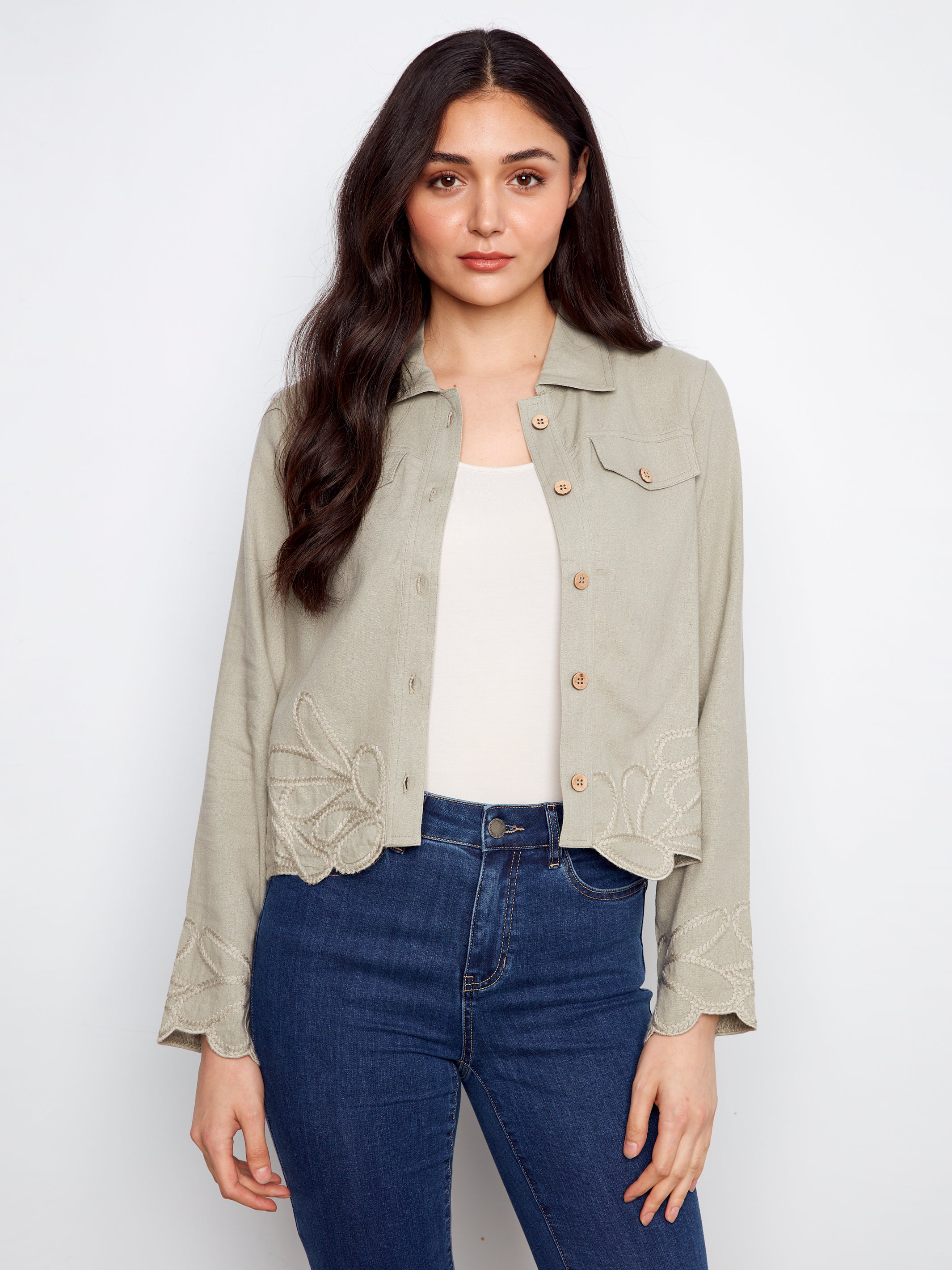 Embroidered Hem Linen Blend Jacket
