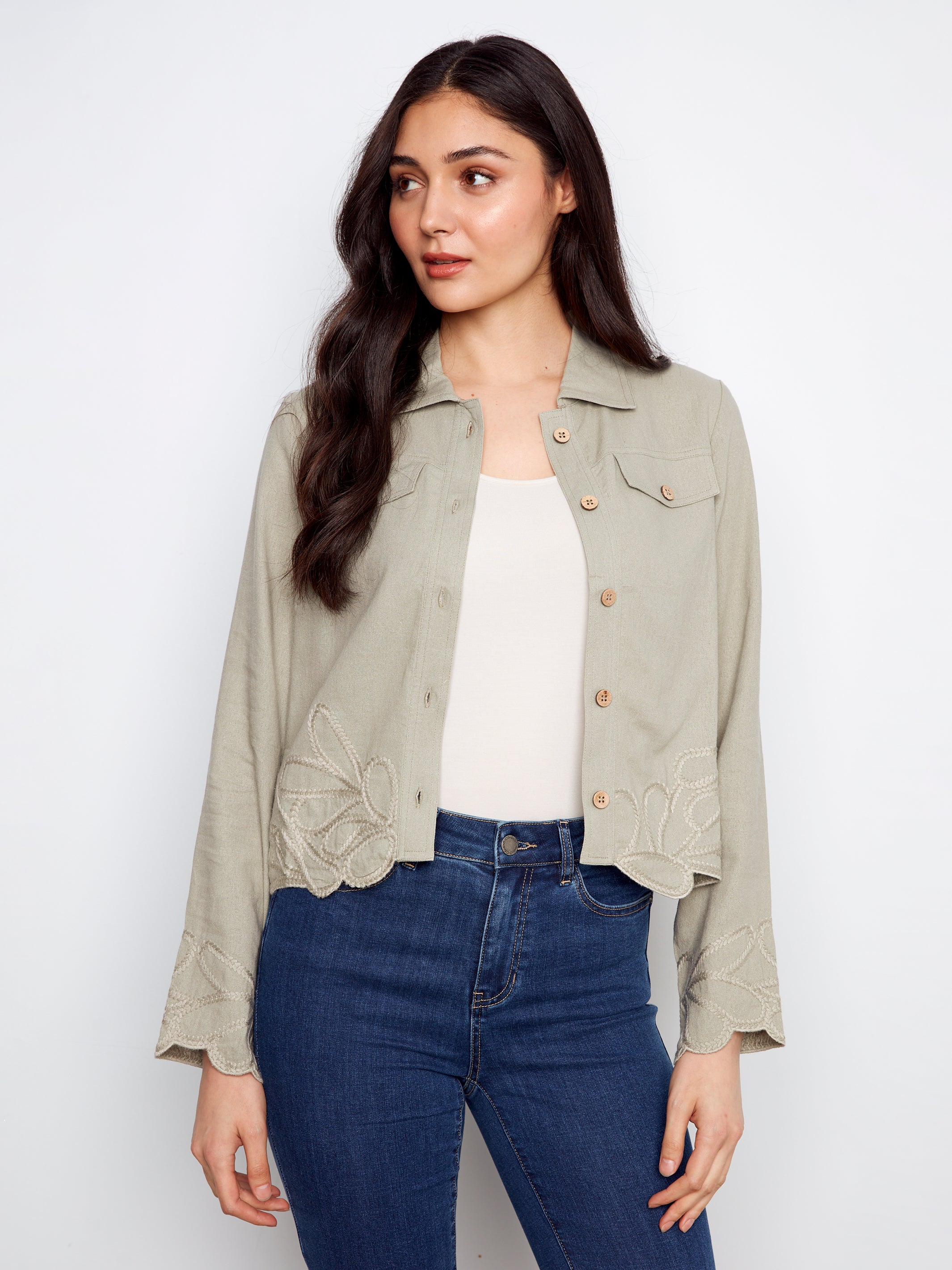 Embroidered Hem Linen Blend Jacket