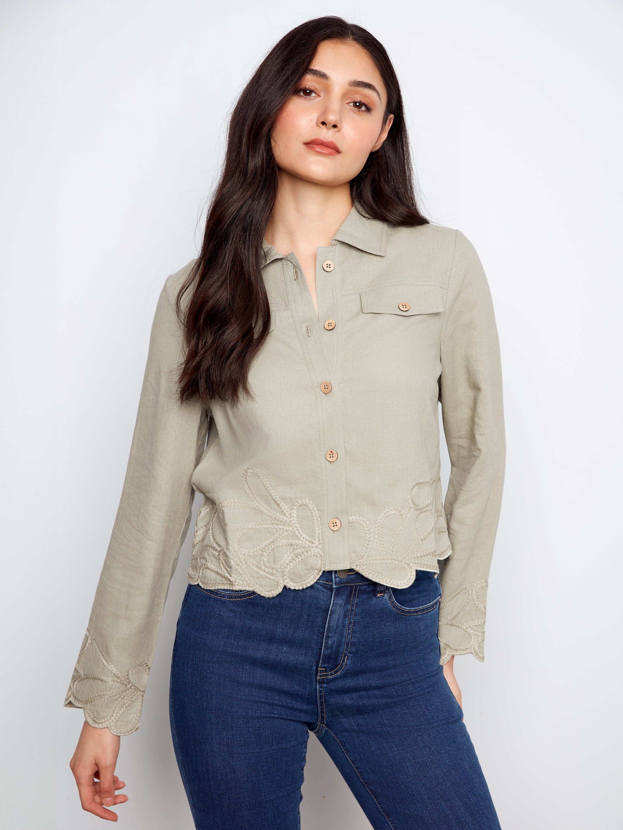 Embroidered Hem Linen Blend Jacket