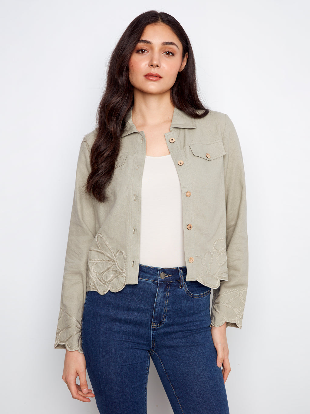 Embroidered Hem Linen Blend Jacket