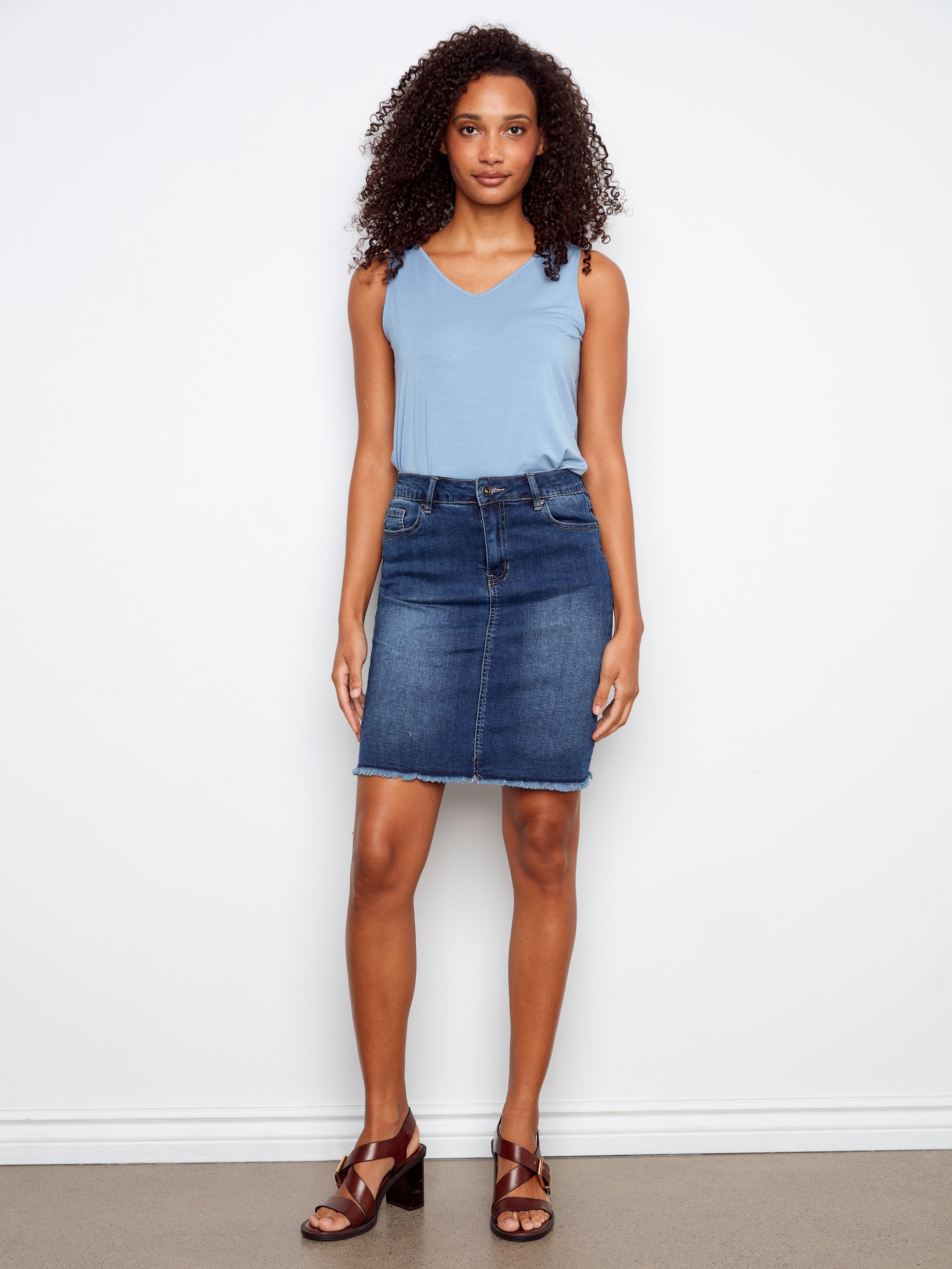 Stretch Denim Skort with Frayed Hem