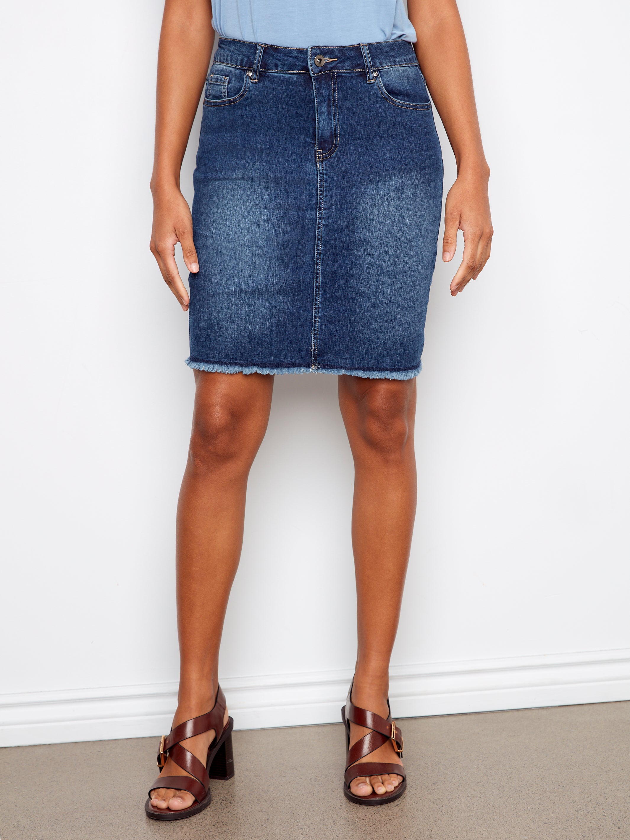Stretch Denim Skort with Frayed Hem