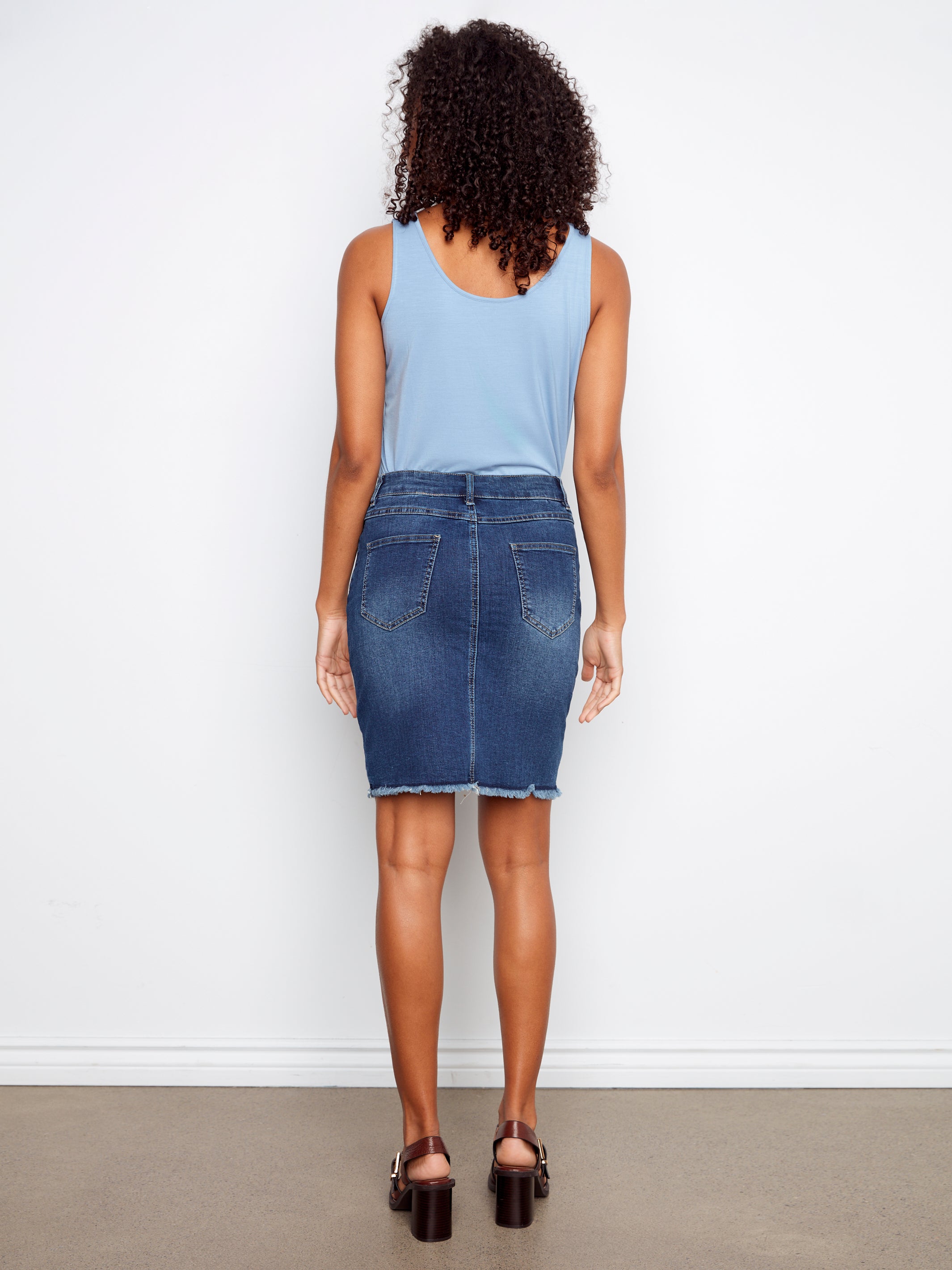 Stretch Denim Skort with Frayed Hem