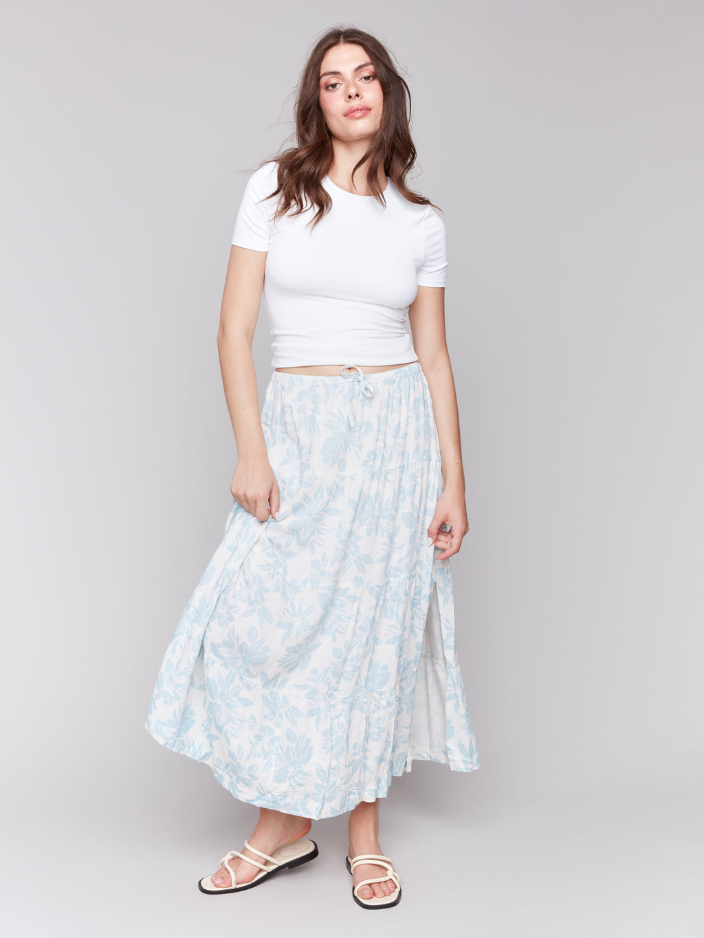 Linen Blend Printed Tiered Skirt