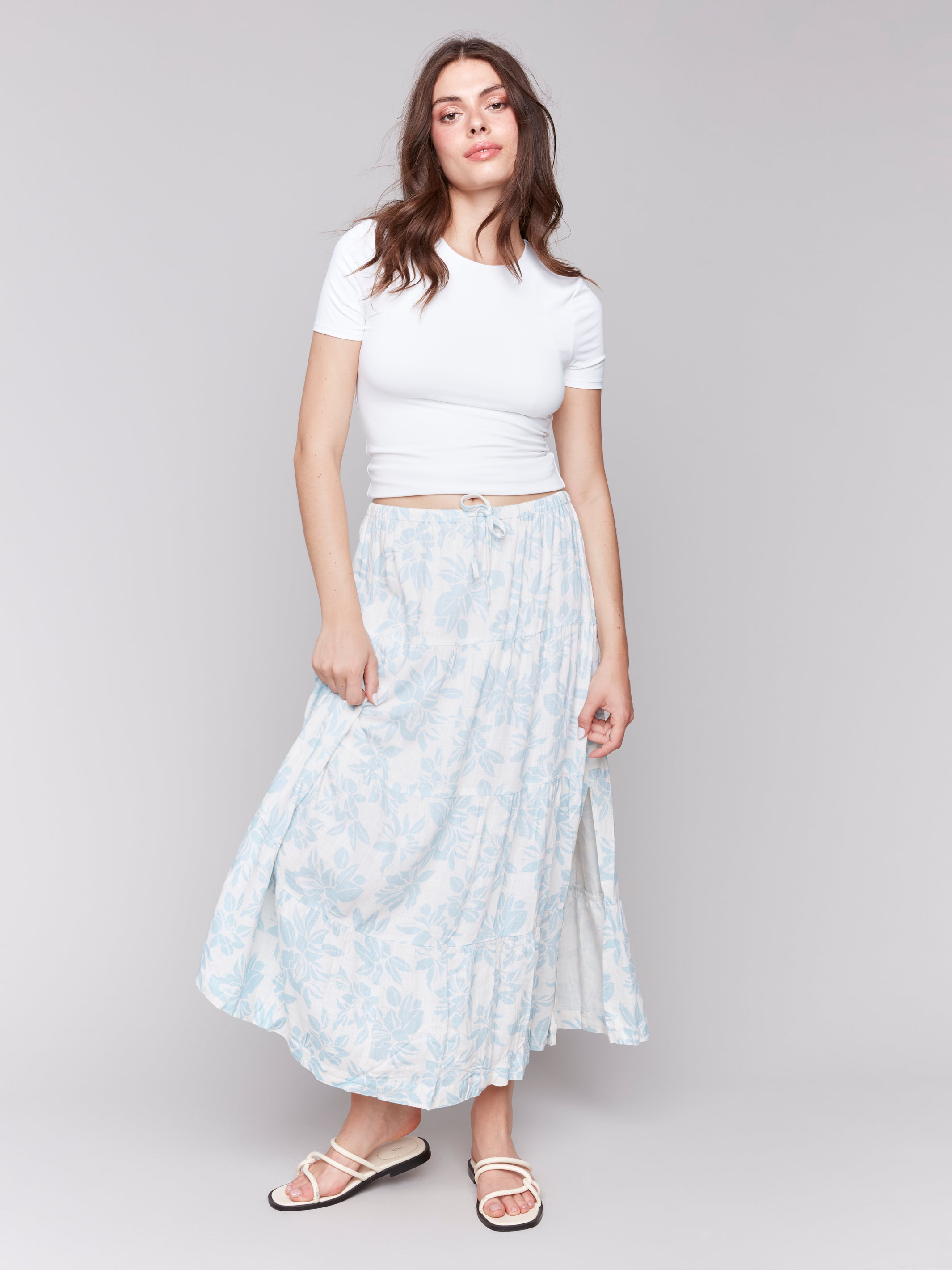 Linen Blend Printed Tiered Skirt