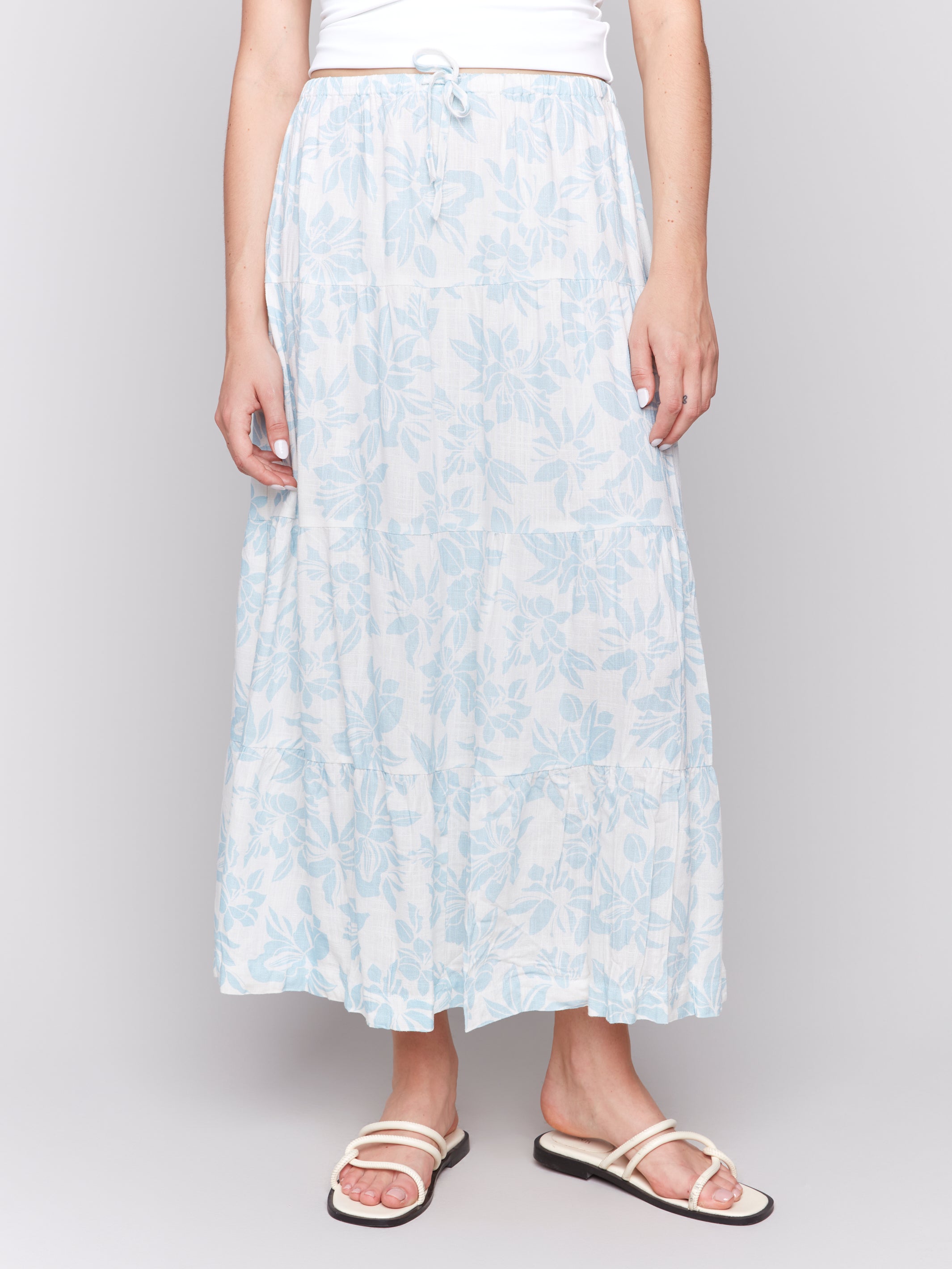 Linen Blend Printed Tiered Skirt