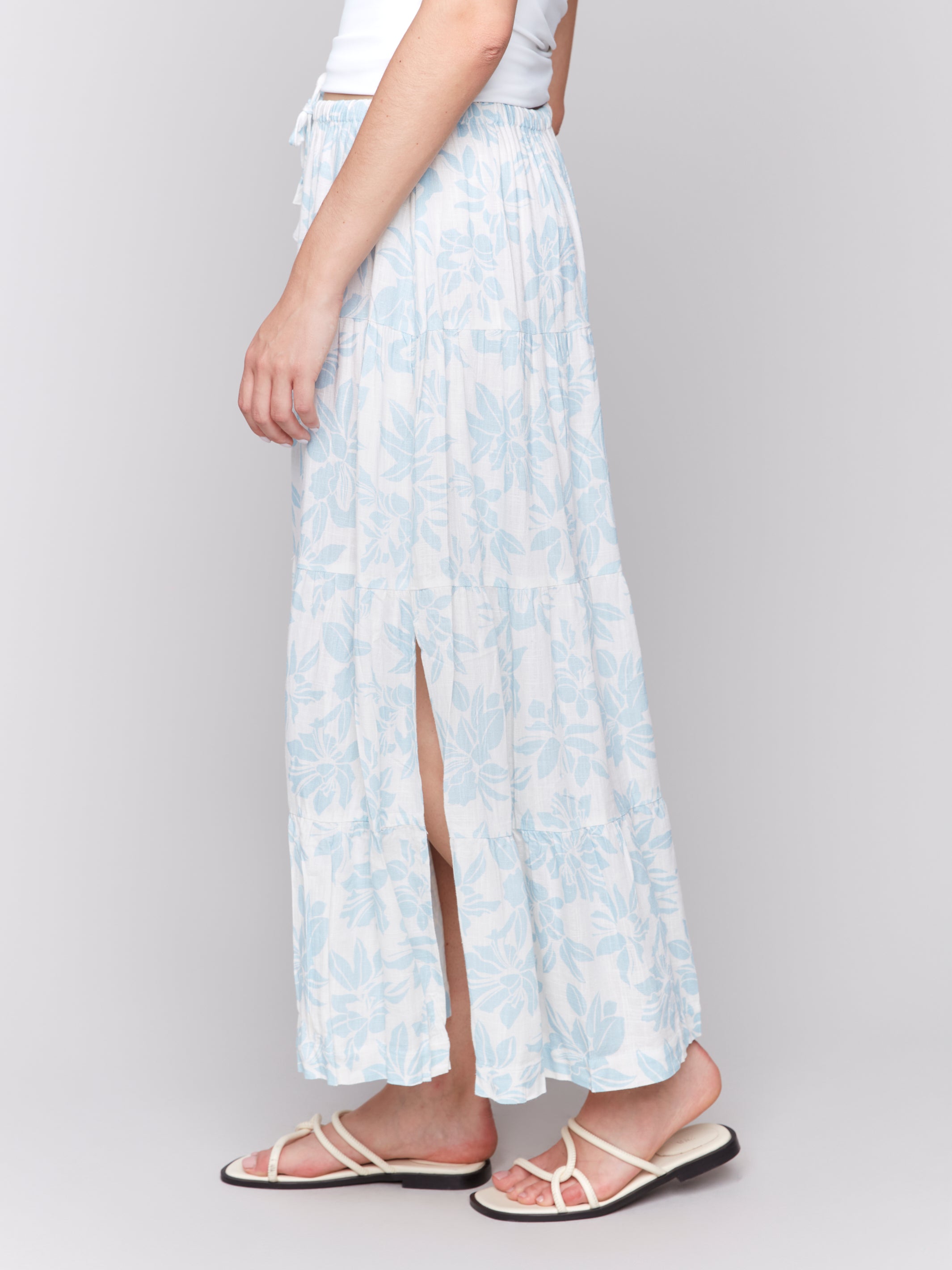Linen Blend Printed Tiered Skirt
