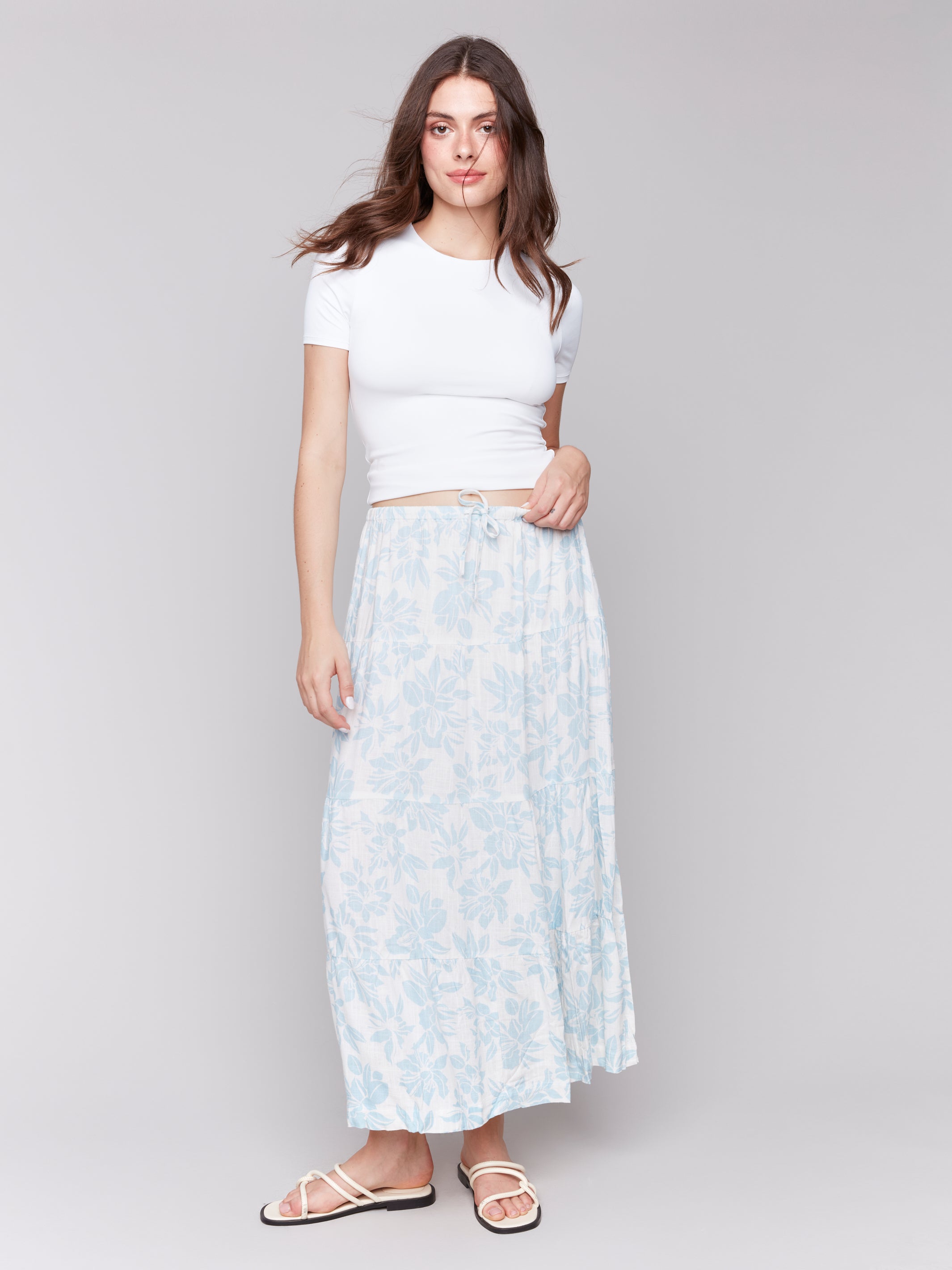 Linen Blend Printed Tiered Skirt