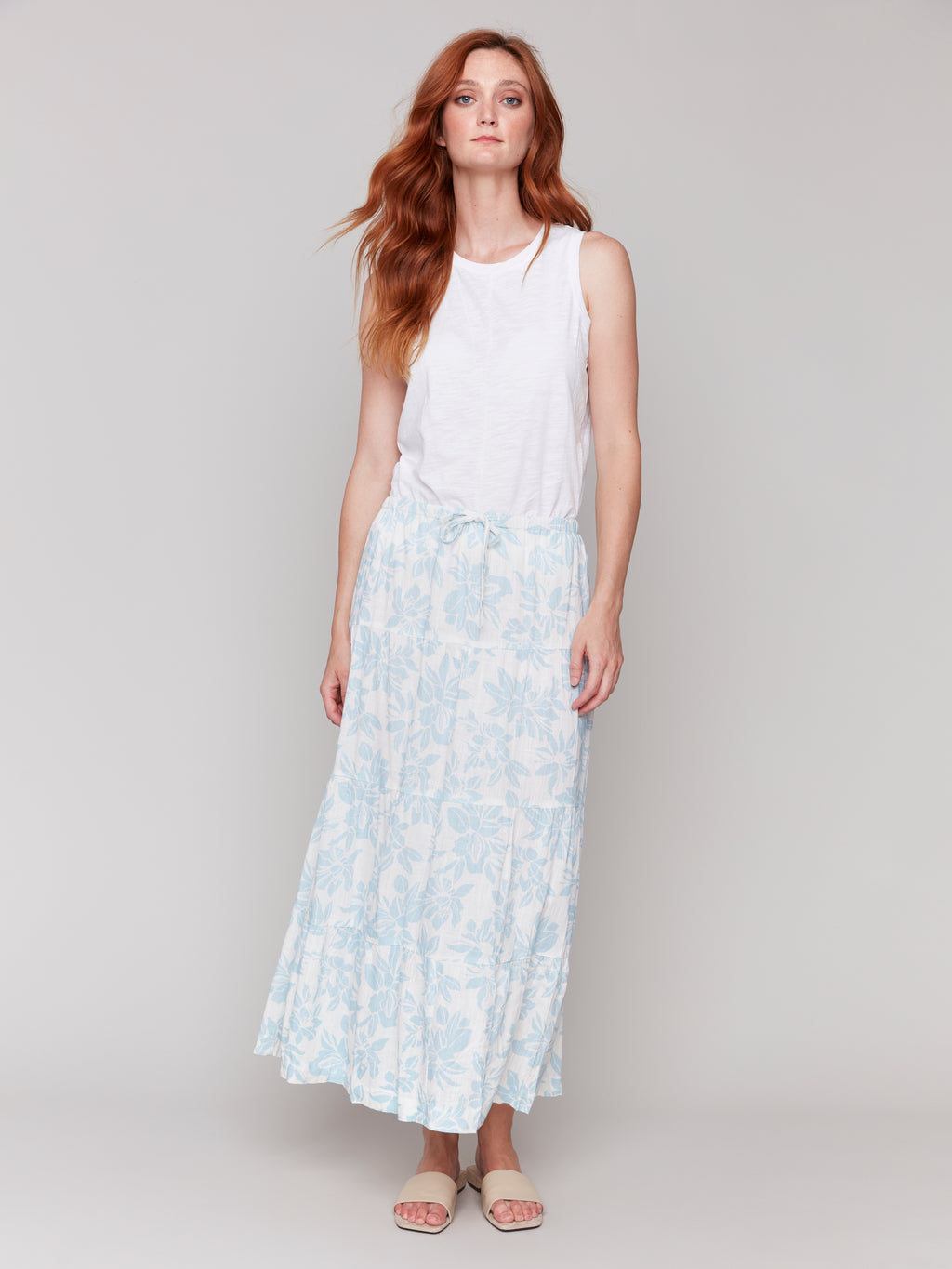 Linen Blend Printed Tiered Skirt