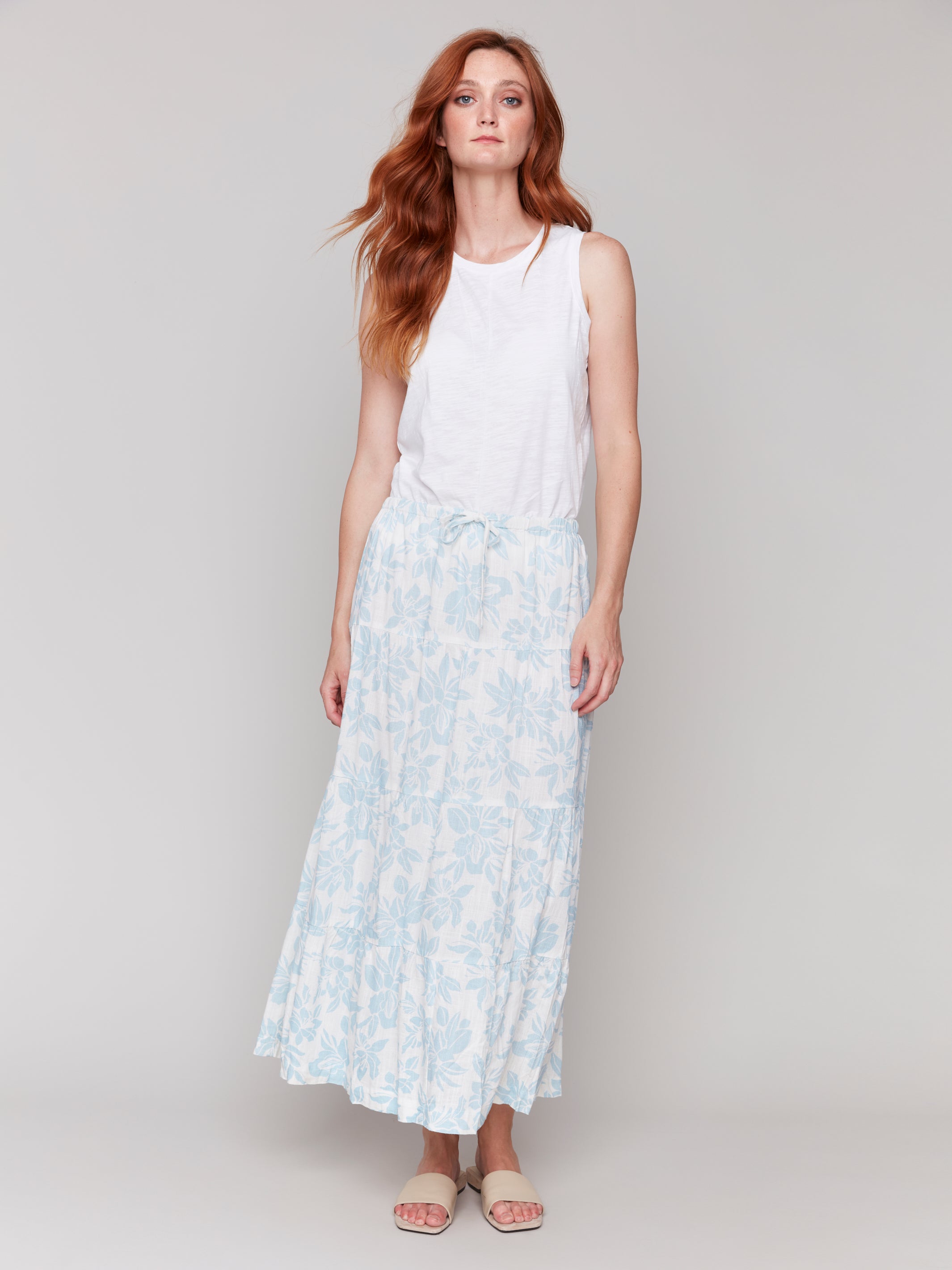 Linen Blend Printed Tiered Skirt