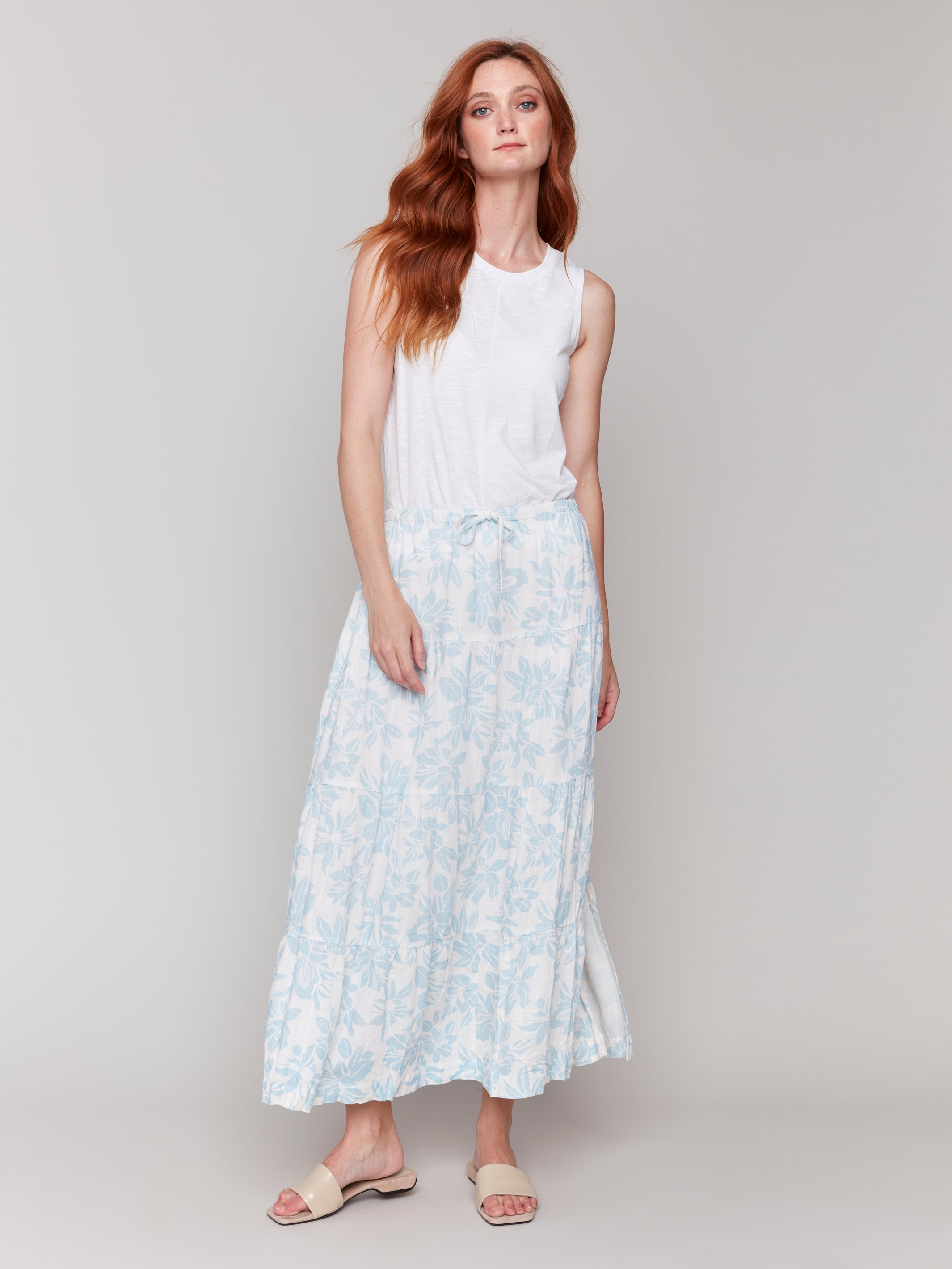 Linen Blend Printed Tiered Skirt