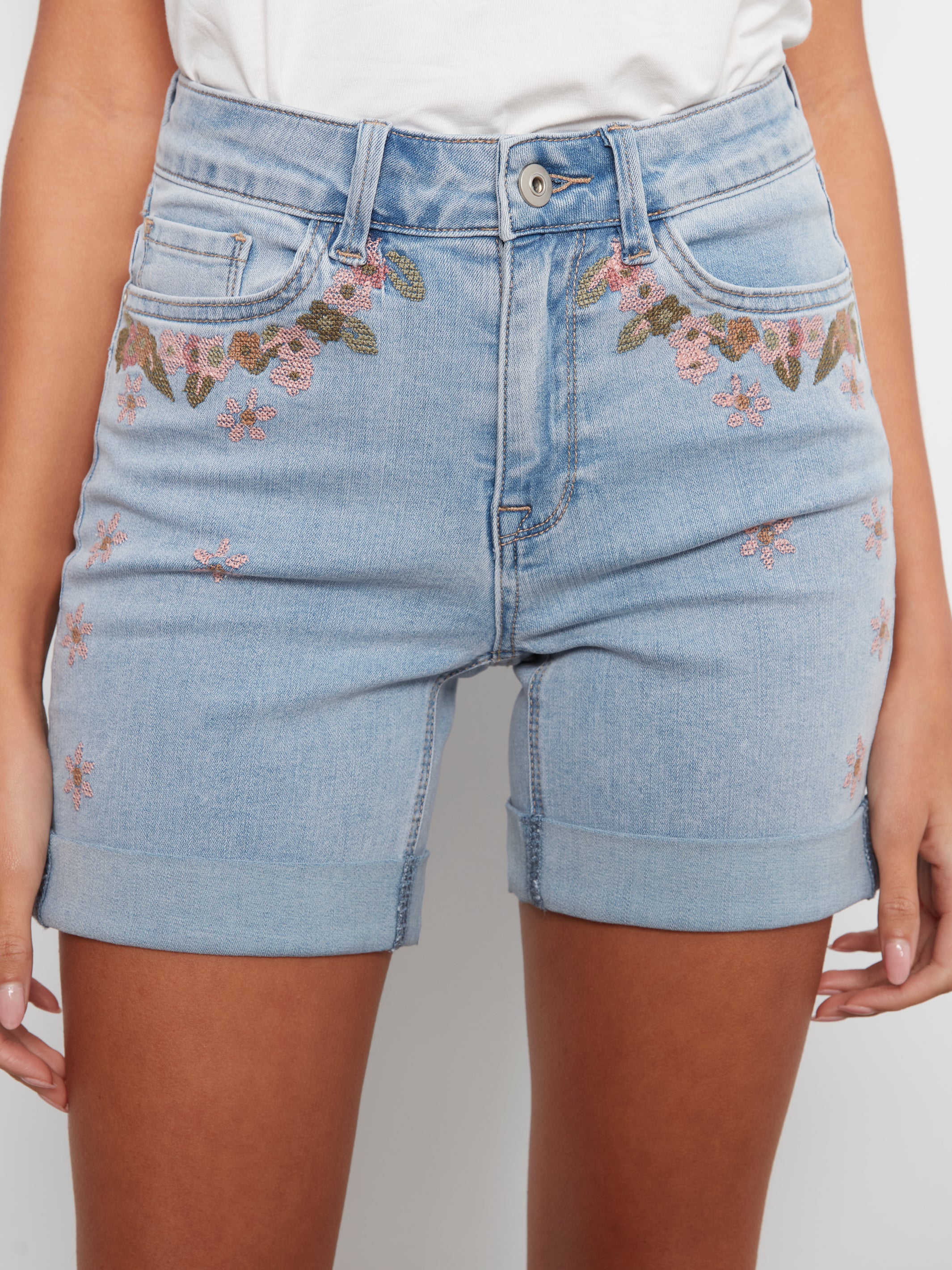 Embroidered Rolled Cuff Denim Shorts