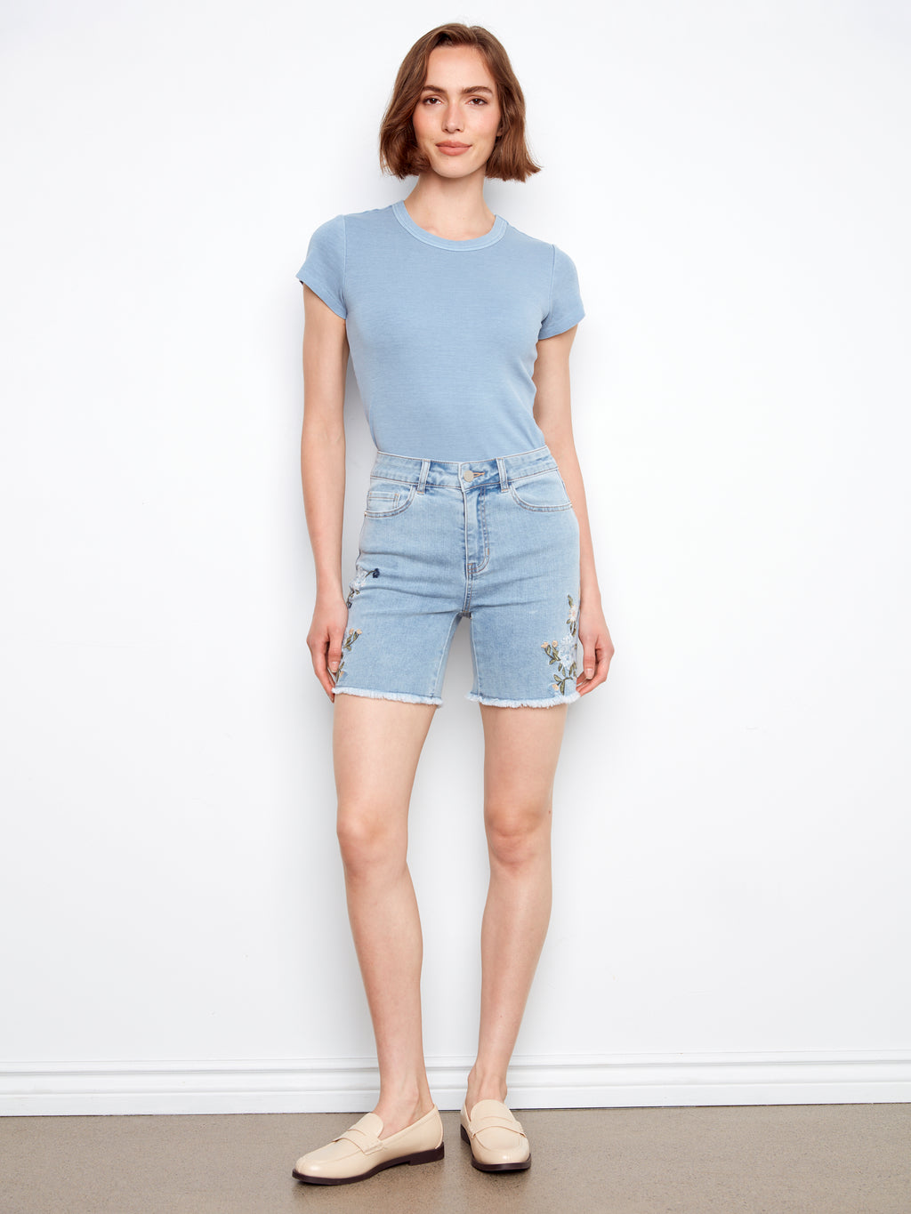 Embroidered Stretch Denim Shorts