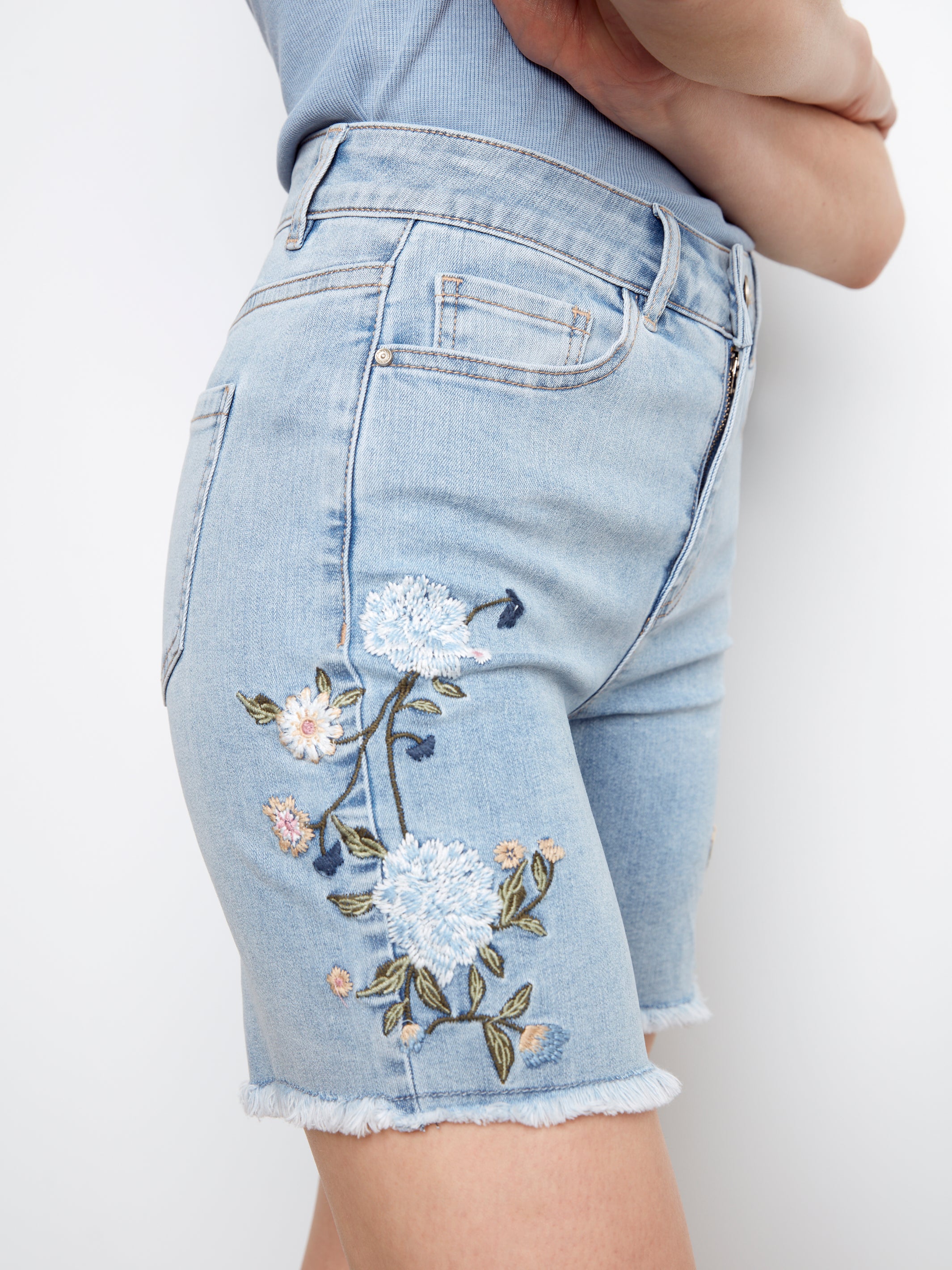 Embroidered Stretch Denim Shorts
