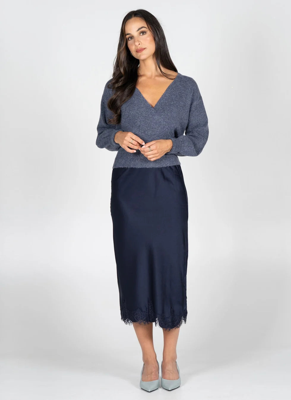 Satin Lace Trim Midi Skirt