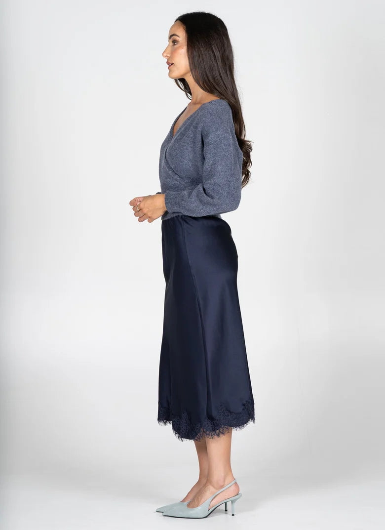 Satin Lace Trim Midi Skirt