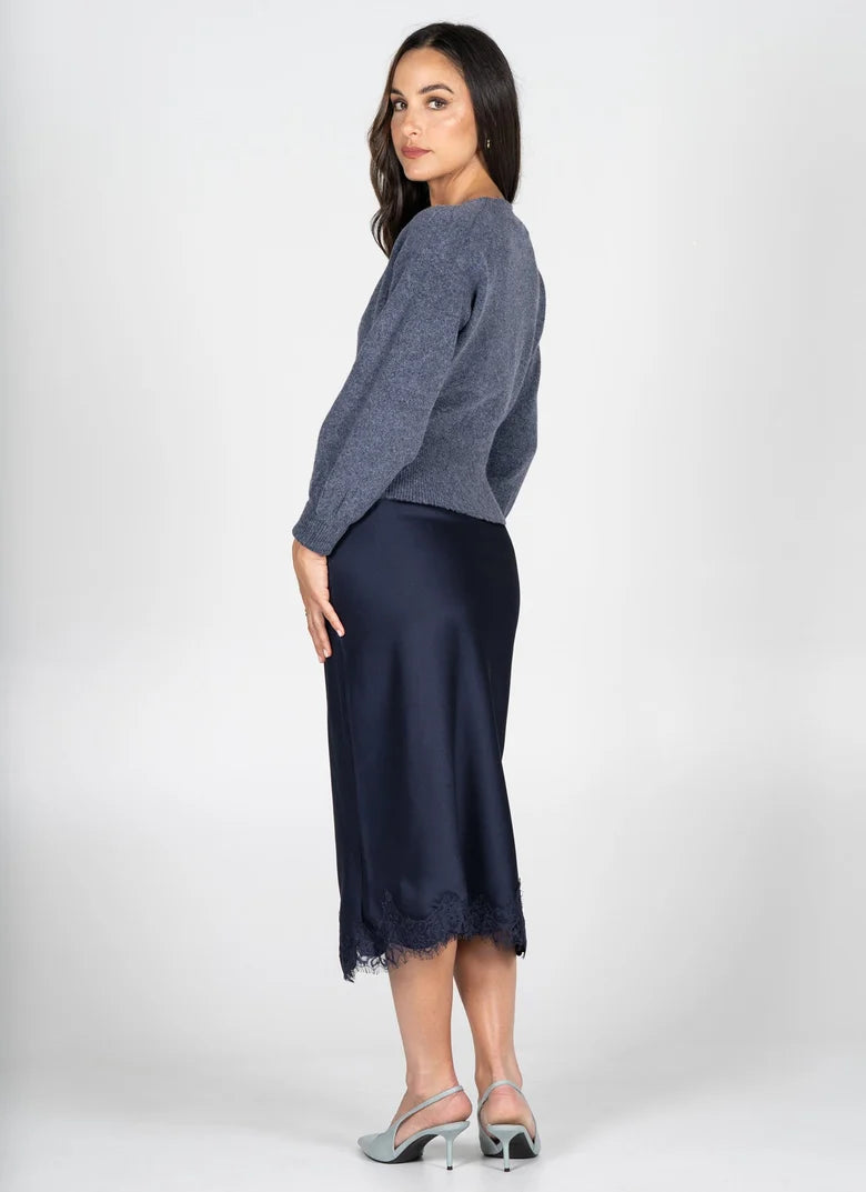 Satin Lace Trim Midi Skirt