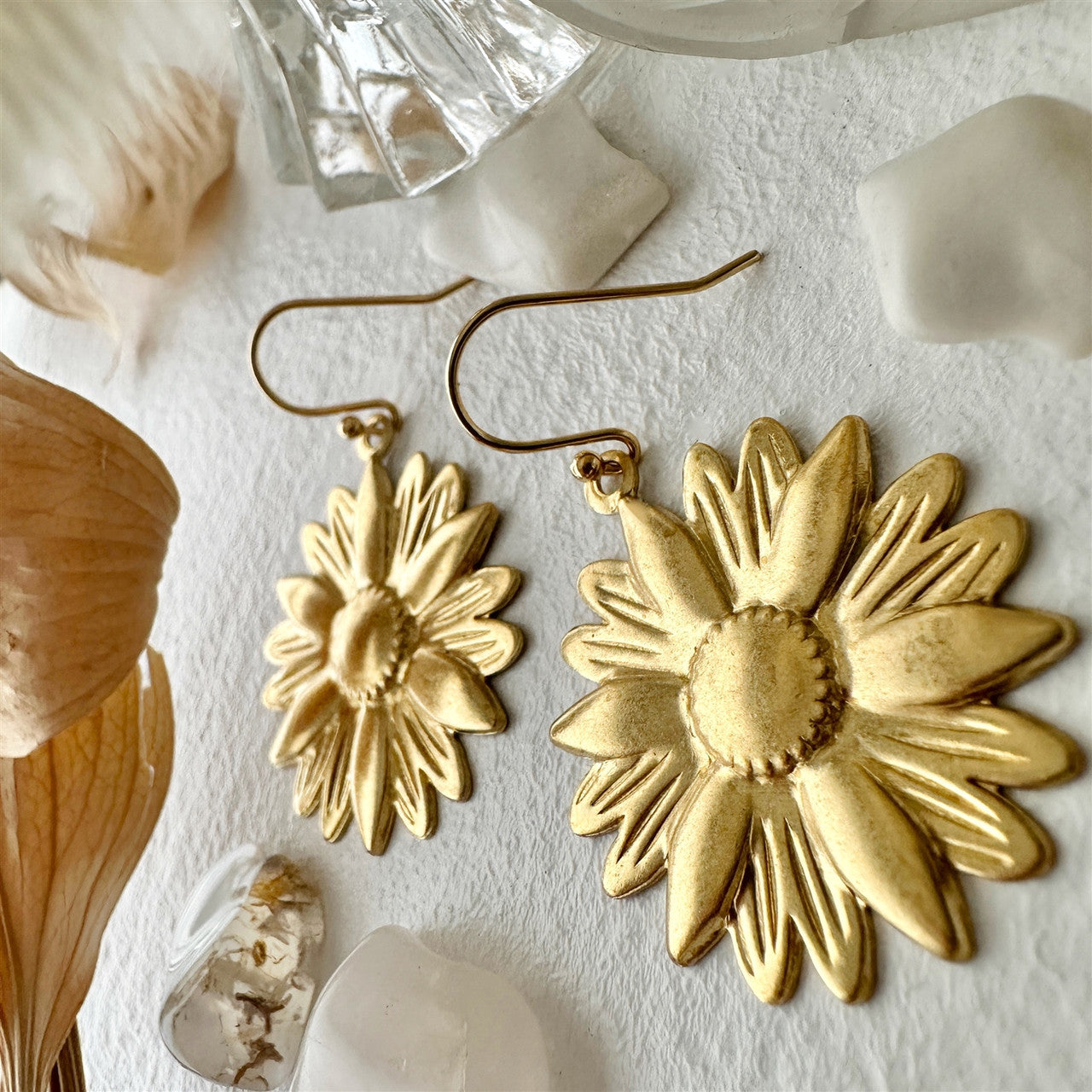 Zinnia Raw Brass Sunflower Drop Earrings