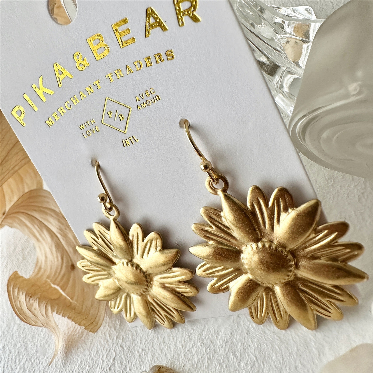Zinnia Raw Brass Sunflower Drop Earrings