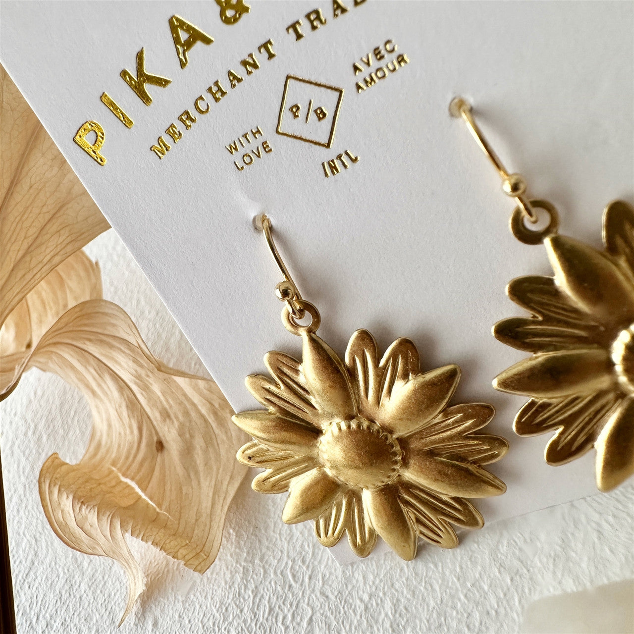 Zinnia Raw Brass Sunflower Drop Earrings