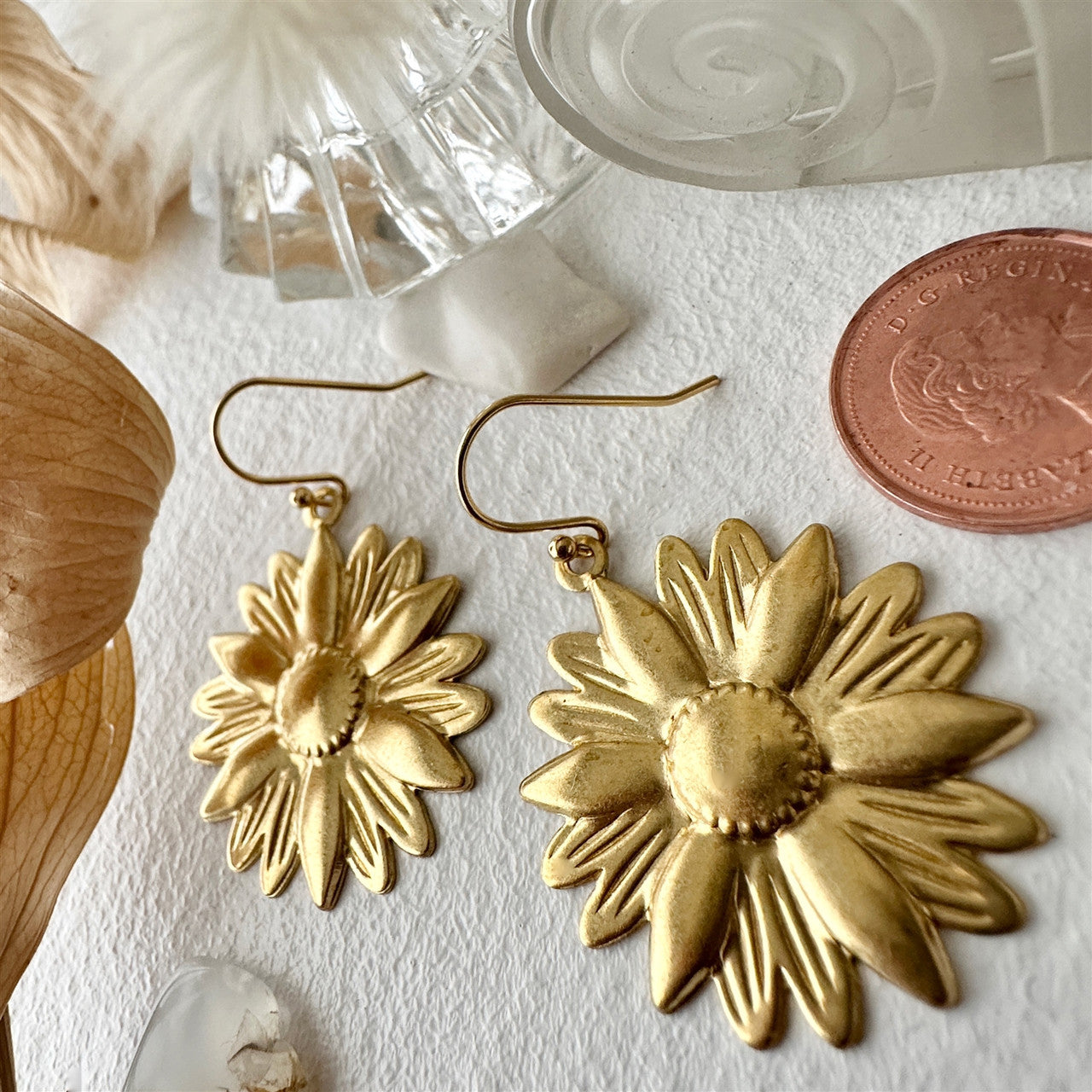 Zinnia Raw Brass Sunflower Drop Earrings