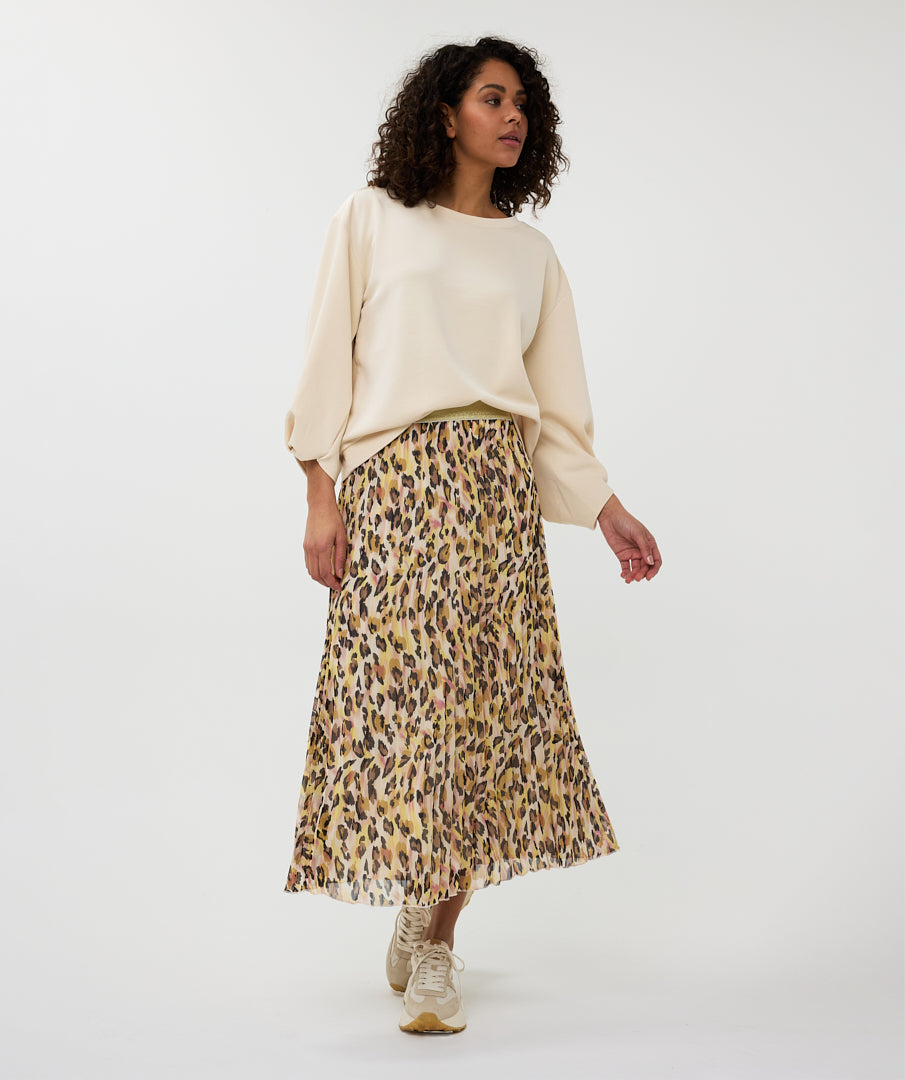 Pleated Leopard Midi Skirt